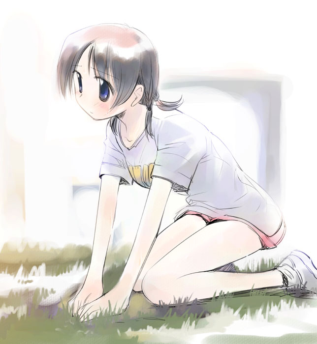 ikeda jun (mizutamari), original, 1girl, blue eyes, female focus, grass, kneeling, shirt, shoes, shorts, sneakers, solo, t-shirt