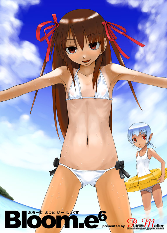 yamamoto canponi, original, 2girls, armpits, bikini, blue hair, blush, brown hair, cloud, day, fisheye, flat chest, innertube, long hair, looking at viewer, multiple girls, navel, one-piece swimsuit, one-piece tan, open mouth, outstretched arms, red eyes, ribs, school swimsuit, skinny, sky, spread arms, swim ring, swimsuit, tan, tanline, wading, wet, white bikini, white one-piece swimsuit, white school swimsuit