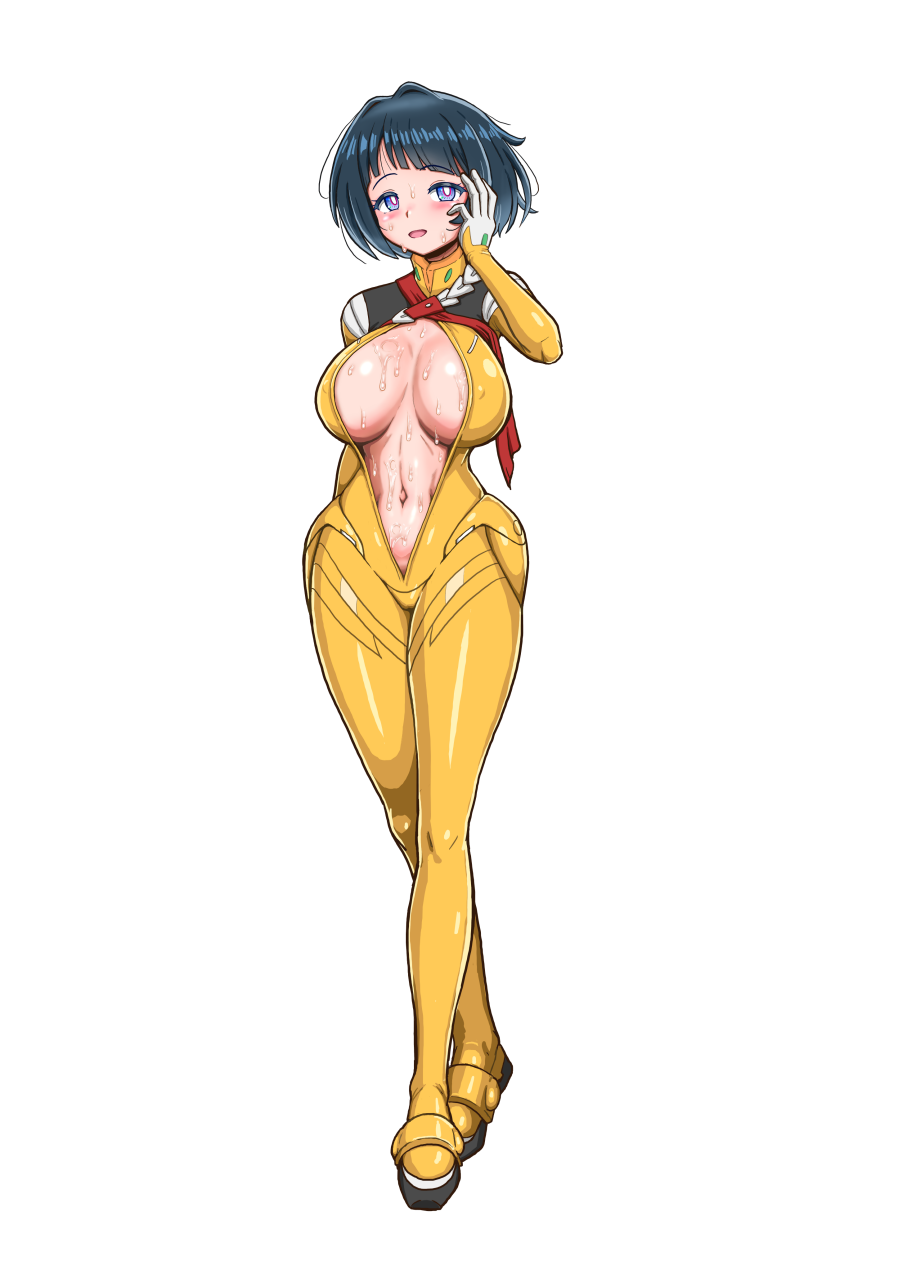 kabi tarojiura (sp rojiura), shiiko sugai, gundam, gundam gquuuuuux, highres, 1girl, bodysuit, breasts, large breasts, mature female, mecha pilot suit, no sclera, normal suit (gundam), simple background, solo, white background, yellow bodysuit