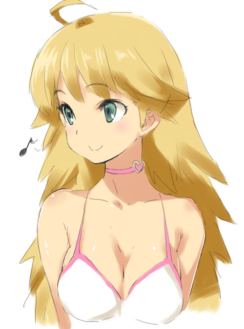 kawata hisashi, hoshii miki, idolmaster, idolmaster (classic), idolmaster 1, 00s, 1girl, ahoge, blonde hair, breasts, choker, cleavage, female focus, heart, long hair, solo
