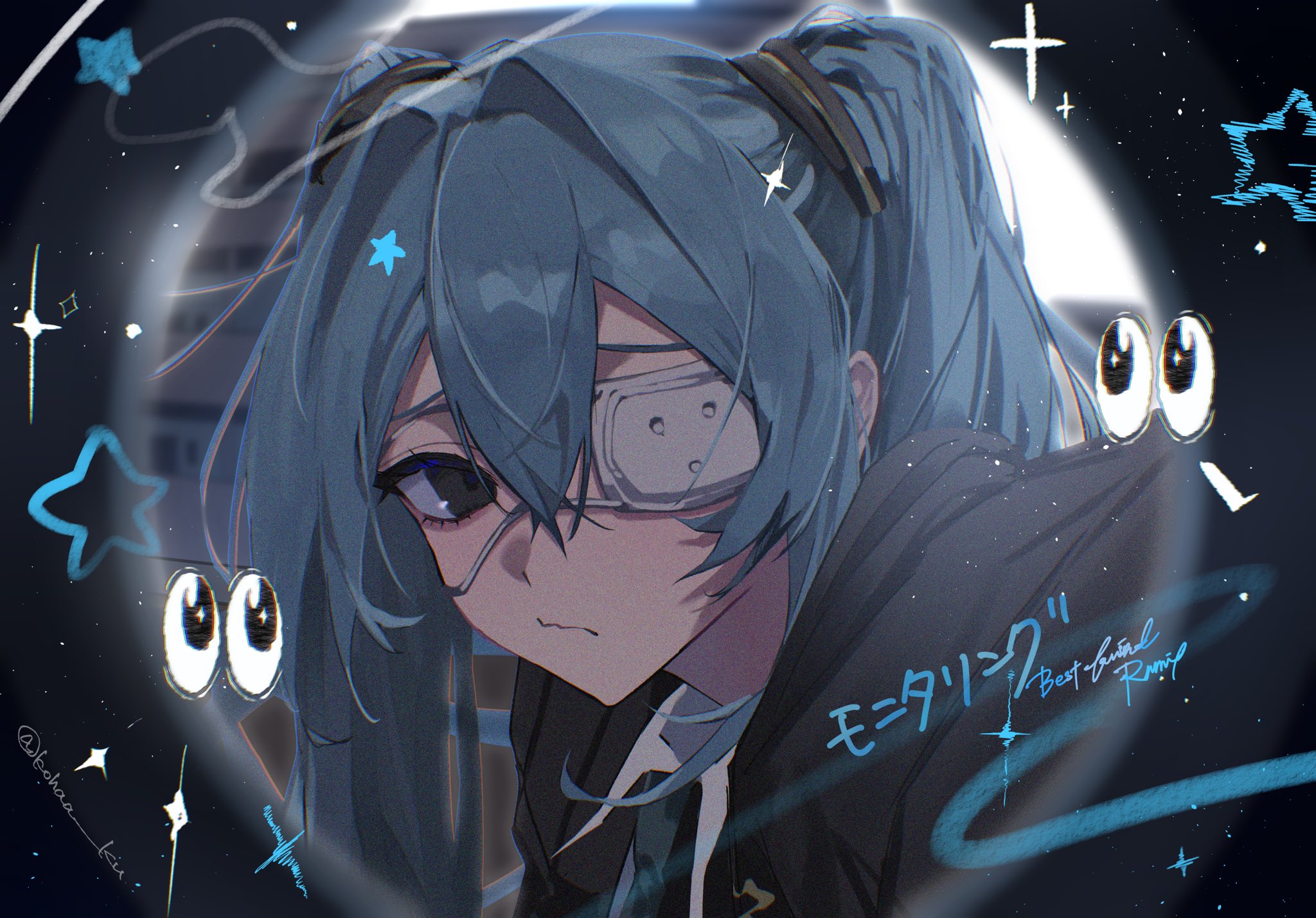 kohaa ku, hatsune miku, monitoring (vocaloid), vocaloid, hashtag-only commentary, highres, translation request, 1girl, artist name, black eyes, black jacket, black necktie, blue hair, blurry, blurry background, closed mouth, collared shirt, emoji, eyepatch, hair intakes, jacket, long hair, looking at viewer, medical eyepatch, necktie, pov peephole, shirt, solo, sparkle, star (symbol), twintails, twitter username, white shirt