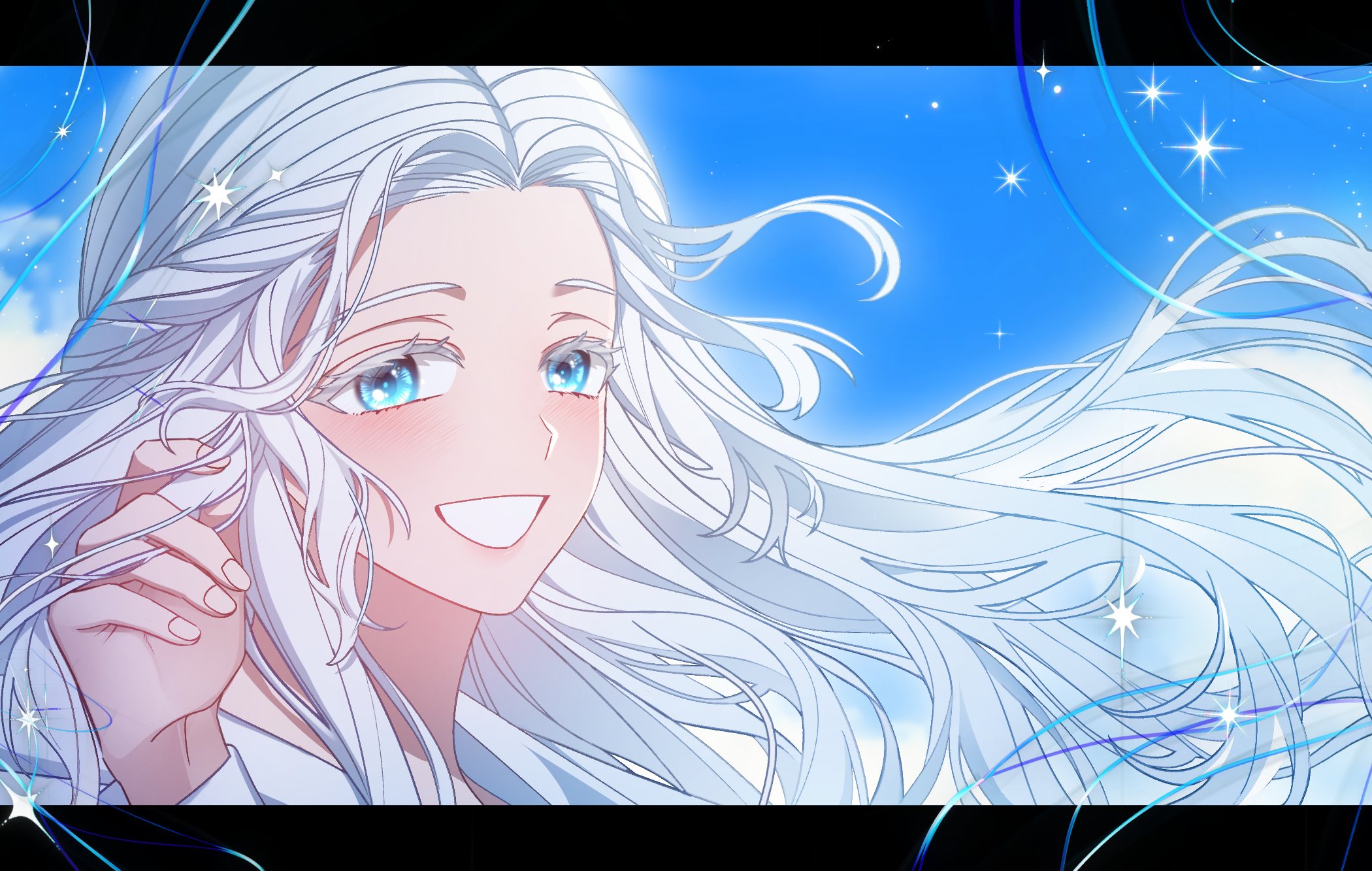 dreaminglum, venat (ff14), final fantasy, final fantasy xiv, highres, 1girl, blue eyes, blue sky, braid, cloud, colored eyelashes, day, floating hair, grin, half up braid, hand in own hair, hand up, letterboxed, long hair, looking at viewer, outside border, portrait, sky, smile, solo, sparkle, white hair