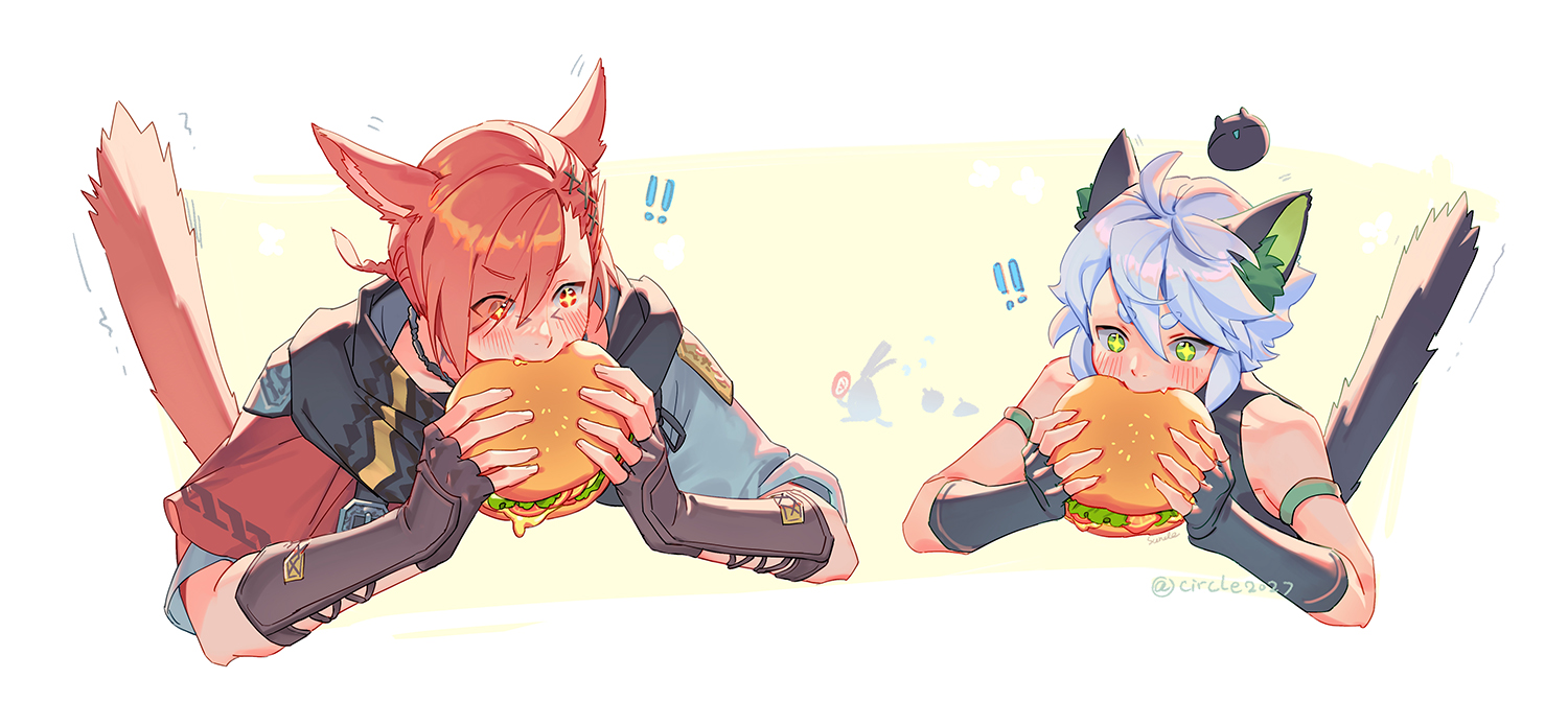suncle, g'raha tia, heixiu, luo xiaohei, luo xiaohei (human), final fantasy, final fantasy xiv, luo xiaohei zhanji, !, !!, + +, 2boys, animal ears, armlet, black gloves, burger, cat boy, cat ears, cropped torso, fingerless gloves, food, gloves, green eyes, hair between eyes, jewelry, multiple boys, red eyes, red hair, sleeveless, white hair