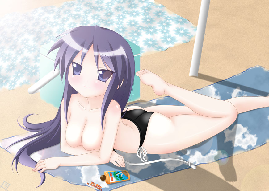 rodori gesu, hiiragi miki, lucky star, 00s, 1girl, ass, barefoot, bikini, black bikini, blue eyes, blue hair, breasts, cleavage, feet, female focus, matching hair/eyes, mature female, medium breasts, solo, swimsuit, topless female