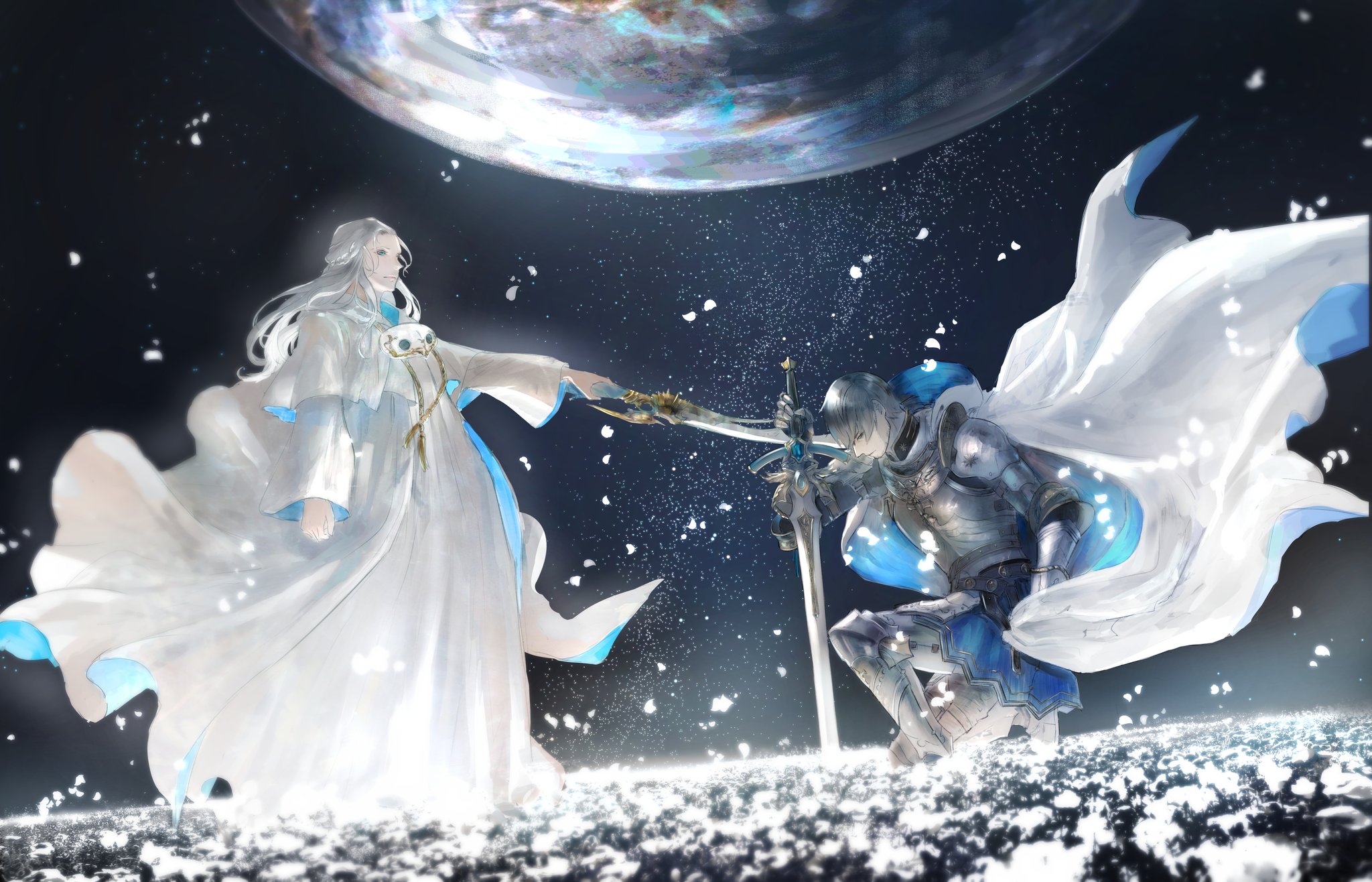 cho.s.h, adventurer (ff14), paladin (final fantasy), venat (ff14), warrior of light (ff14), final fantasy, final fantasy xiv, highres, 1boy, 1girl, armor, black hair, blue eyes, breastplate, cape, capelet, drawstring, falling petals, faulds, floating cape, full body, gauntlets, glowing, glowing petals, greaves, holding, holding sword, holding weapon, hyur, knighting, long hair, mask, mask around neck, on one knee, outstretched arm, pauldrons, petals, planet, robe, short hair, shoulder armor, sky, sophist's robe (ff14), standing, star (sky), starry sky, sword, two-sided fabric, unworn mask, weapon, white cape, white capelet, white hair, white robe