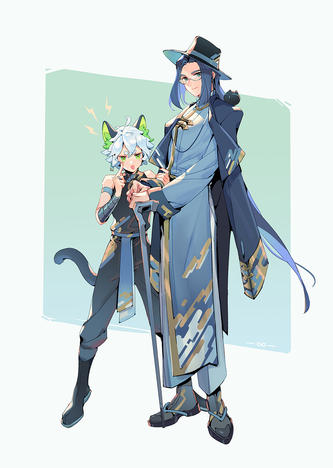 suncle, heixiu, luo xiaohei, luo xiaohei (human), wuxian (the legend of luoxiaohei), luo xiaohei zhanji, highres, 2boys, alternate costume, animal ears, black boots, black shirt, blue eyes, boots, cane, cat boy, cat ears, cat tail, chinese clothes, coat, coat on shoulders, glasses, green eyes, holding, holding cane, index finger raised, multiple boys, shadow, shirt, short hair, sleeveless, sleeveless shirt, tail, tongue, tongue out, white hair