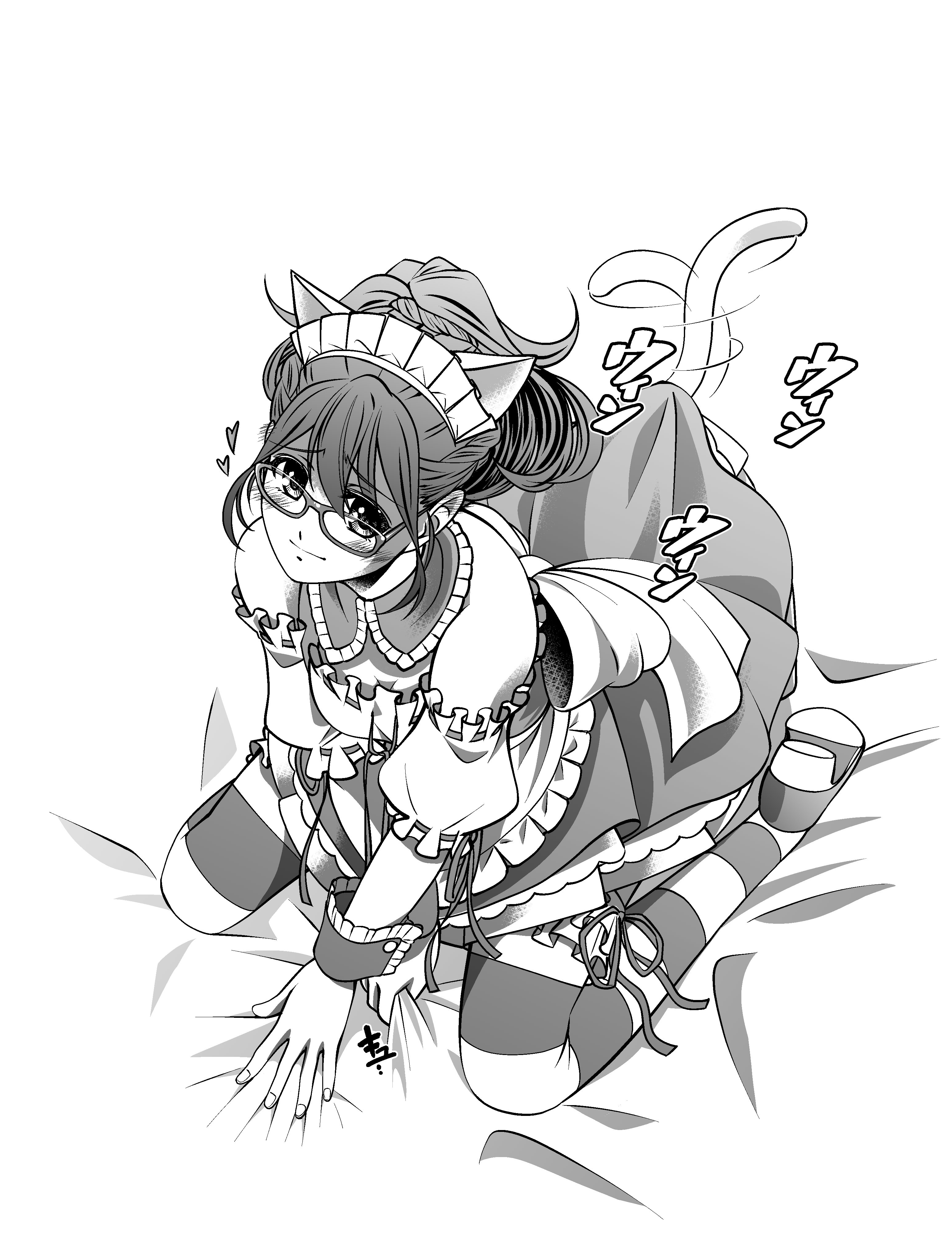 eibon, senomiya akiho, robotics;notes, science adventure, absurdres, highres, 1girl, animal ears, arms between legs, bed sheet, breasts, cat ears, cat tail, dress, fake animal ears, fake tail, frilled dress, frills, from above, glasses, greyscale, heart, high heels, kneeling, looking at viewer, monochrome, off-shoulder dress, off shoulder, on bed, sitting, small breasts, smile, solo, striped clothes, striped thighhighs, tail, tail wagging, thighhighs, wariza, wrist cuffs
