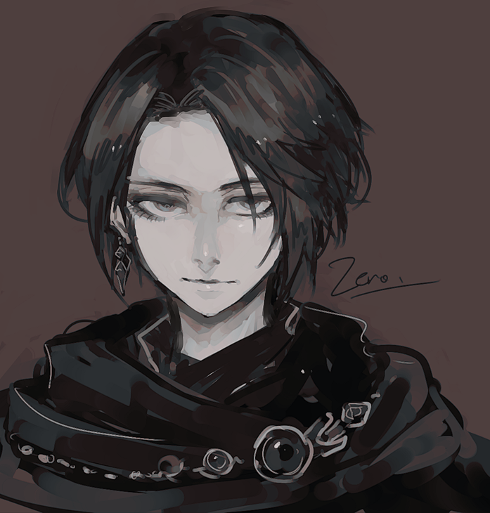 zero (ff14), final fantasy, final fantasy xiv, 1girl, androgynous, black eyes, black hair, brown background, character name, earrings, jewelry, looking at viewer, portrait, sgm ff, short hair, simple background, solo