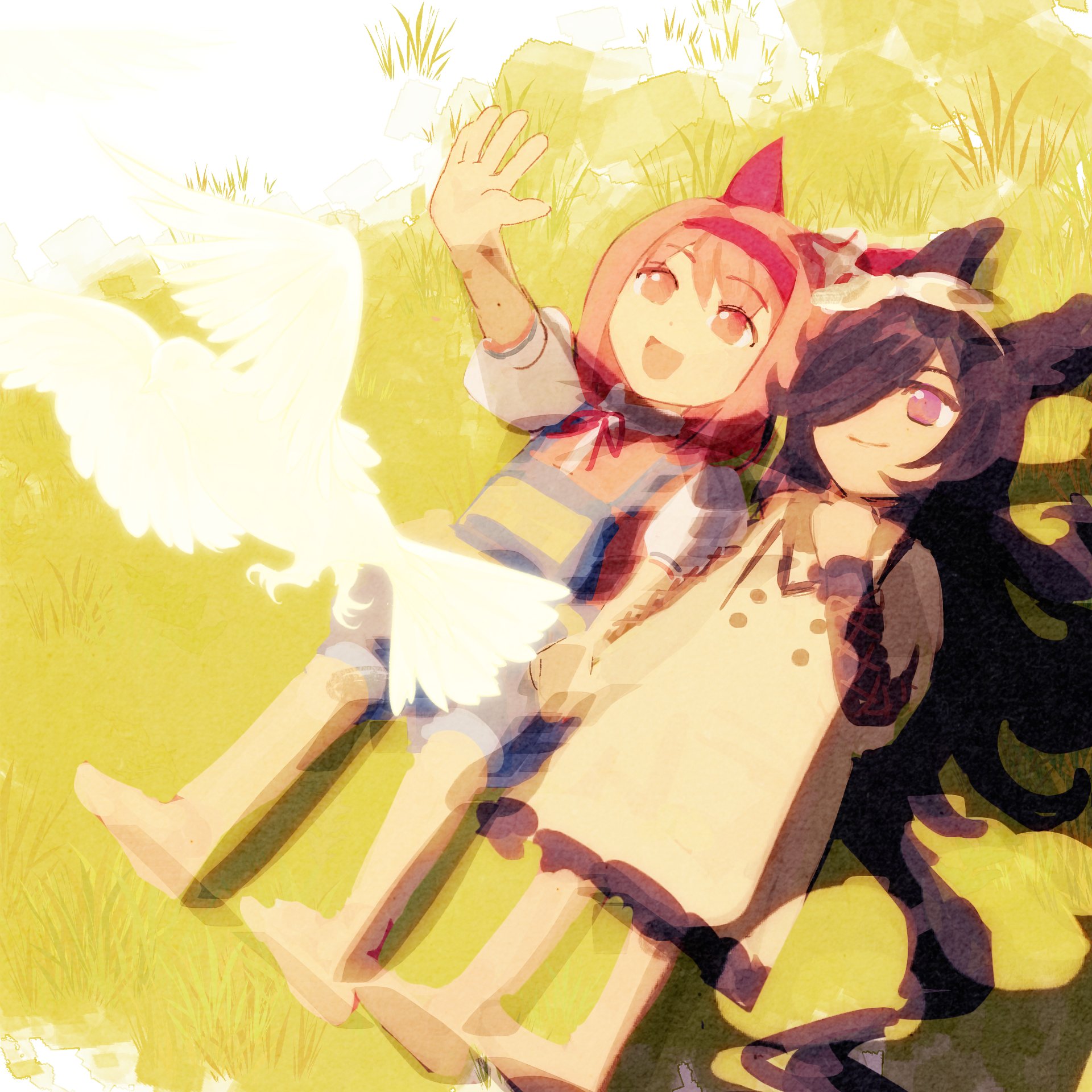 haru urara (umamusume), rice shower (umamusume), umamusume, highres, 2girls, animal ears, bird, blue overalls, bow, bow hairband, brown dress, brown hair, brown ribbon, casual, closed mouth, collared dress, dress, ear bow, ear covers, field, grass, hair over one eye, hairband, haru urara (casual) (umamusume), headband, horse ears, horse girl, horse tail, long hair, long sleeves, lying, multiple girls, official alternate costume, on back, open mouth, outdoors, overall shorts, overalls, pink eyes, pink hair, pink headband, pink shirt, purple eyes, red headband, ribbon, rice shower (casual) (umamusume), shirt, short sleeves, sirius ica, smile, tail, white hairband