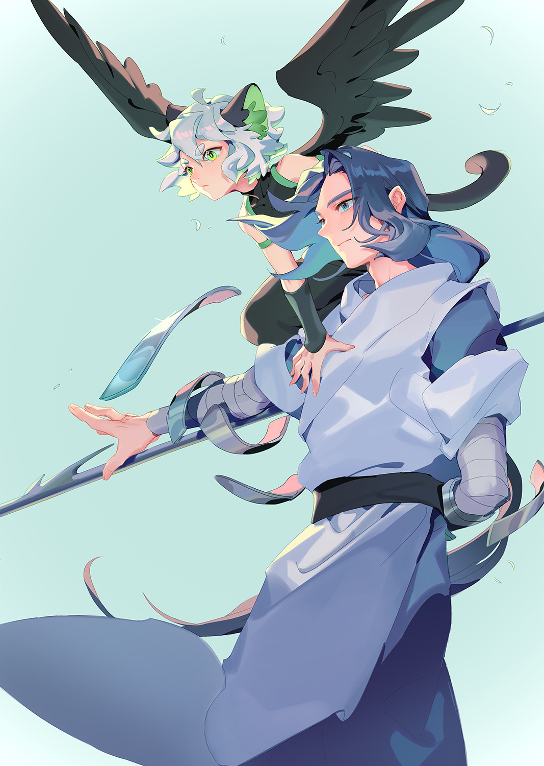 suncle, luo xiaohei, luo xiaohei (human), wuxian (the legend of luoxiaohei), luo xiaohei zhanji, highres, 2boys, animal ears, arm behind back, black shirt, black wings, blue eyes, cat ears, cat tail, chinese clothes, cowboy shot, feathered wings, green background, green eyes, multiple boys, on shoulder, shirt, sleeveless, sleeveless shirt, tail, wings