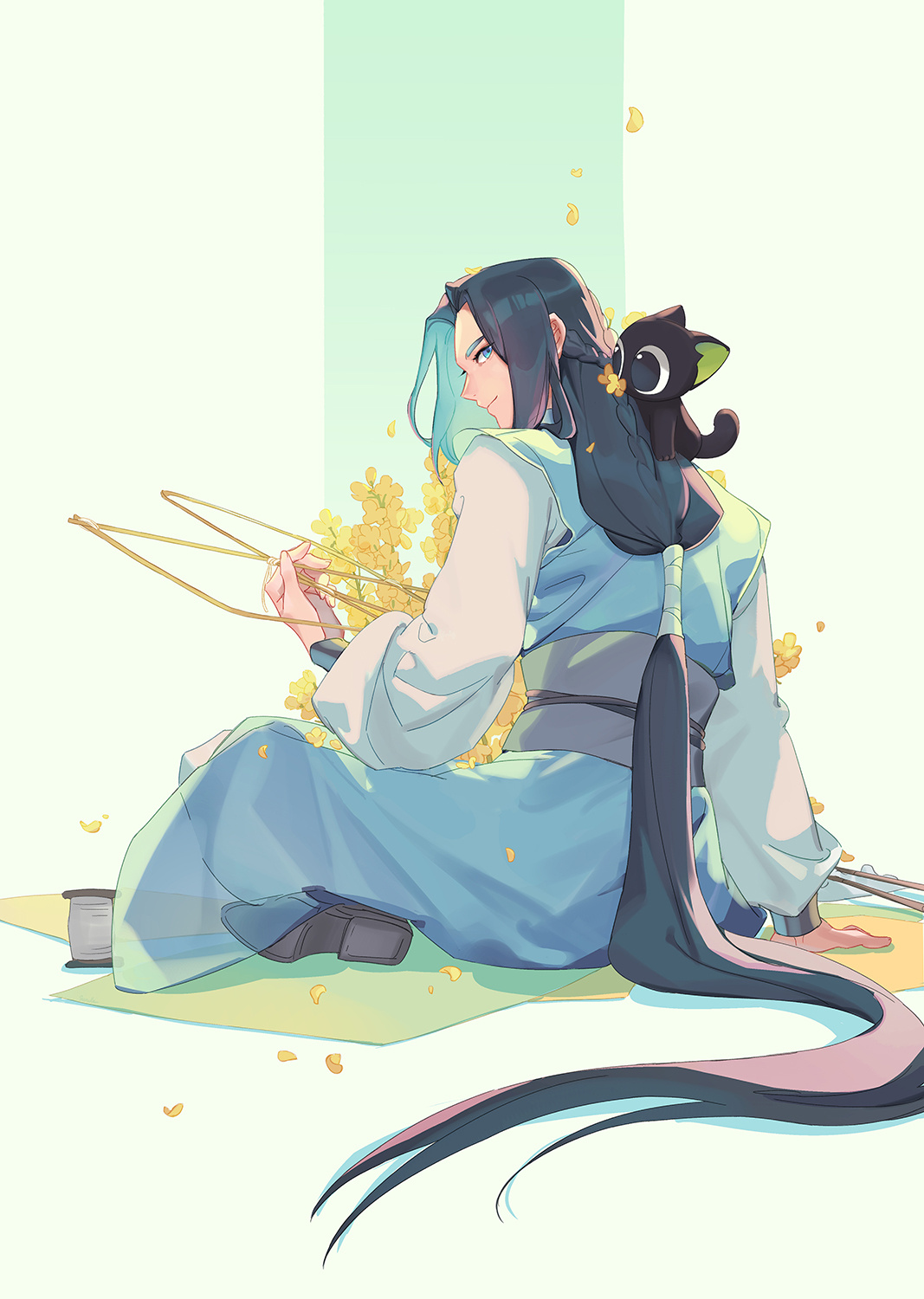 suncle, luo xiaohei, luo xiaohei (cat), wuxian (the legend of luoxiaohei), luo xiaohei zhanji, highres, 2boys, animal, animal on shoulder, black cat, black eyes, black hair, blue eyes, cat, cat on shoulder, chinese clothes, flower, from behind, full body, long hair, looking back, low ponytail, multiple boys, ponytail, profile, shadow, sitting, very long hair, yellow flower