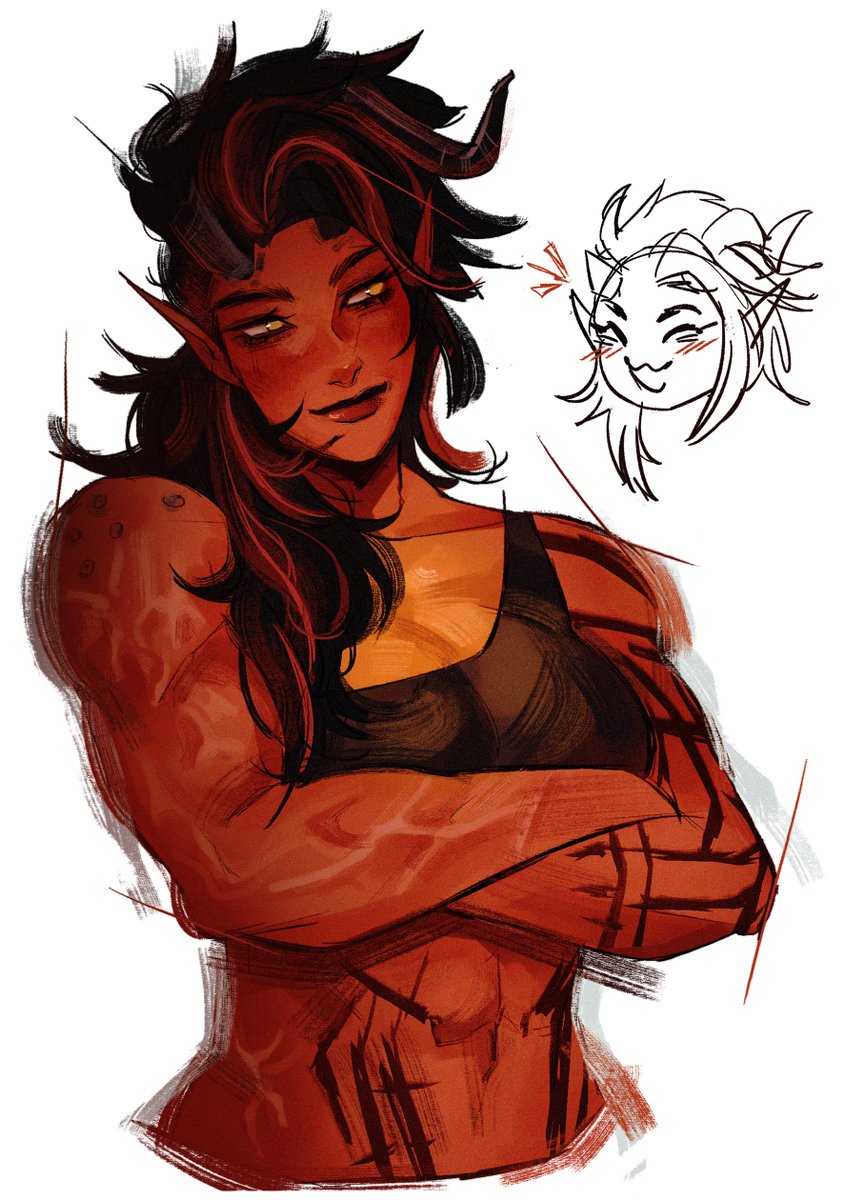 karlach, tiefling, baldur's gate, baldur's gate 3, dungeons & dragons, dungeons & dragons, highres, 1girl, abs, arm tattoo, black hair, black sports bra, broken horn, colored skin, crossed arms, demon girl, demon horns, horns, knightaout, medium hair, multicolored hair, muscular, muscular female, pointy ears, red skin, simple background, solo, sports bra, streaked hair, tattoo, upper body, white background, yellow eyes