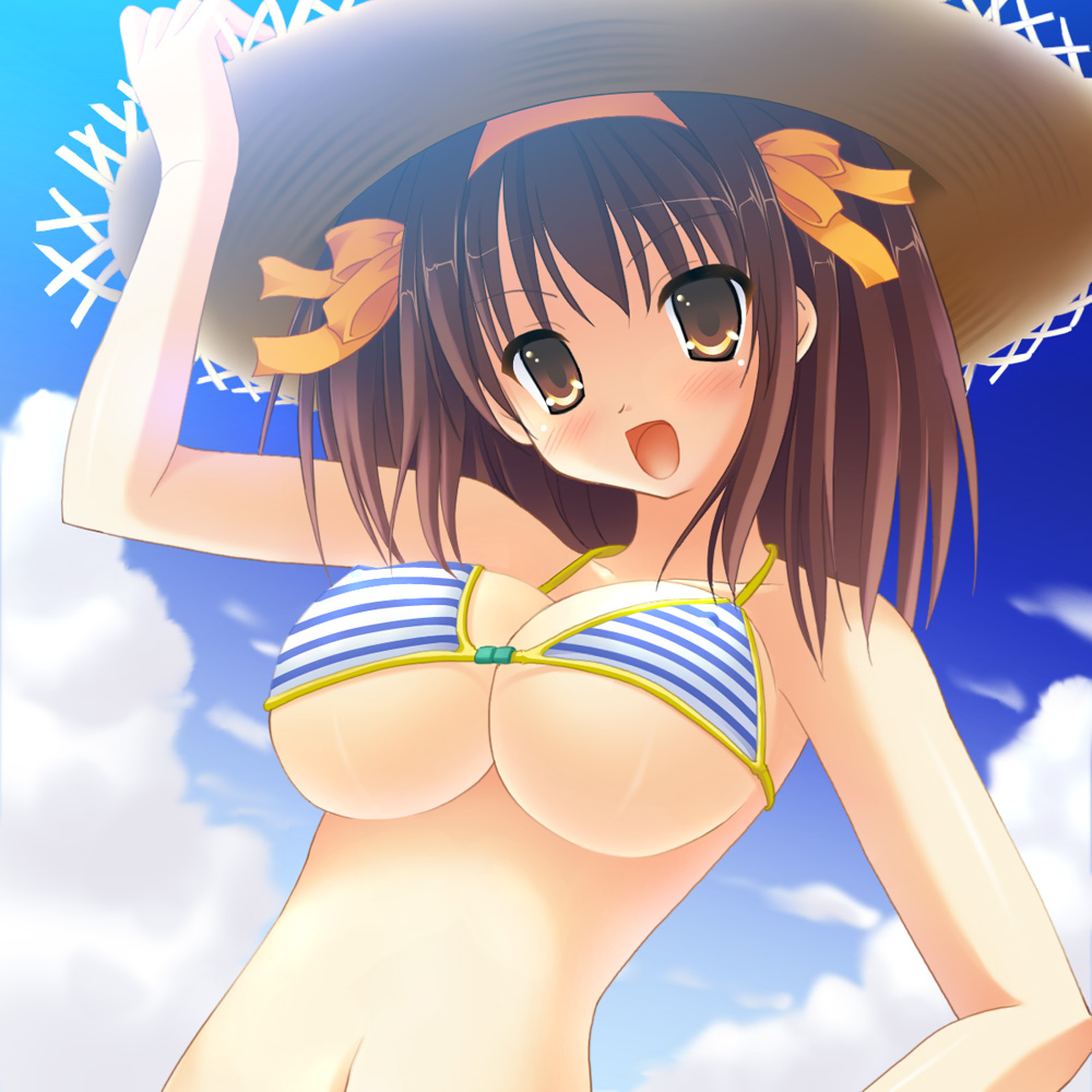 uehiro, suzumiya haruhi, suzumiya haruhi no yuuutsu, 00s, 1girl, alternate breast size (larger), bikini, breasts, brown eyes, brown hair, covered erect nipples, day, female focus, hairband, hat, large breasts, short hair, solo, straw hat, striped bikini, striped clothes, swimsuit, underboob