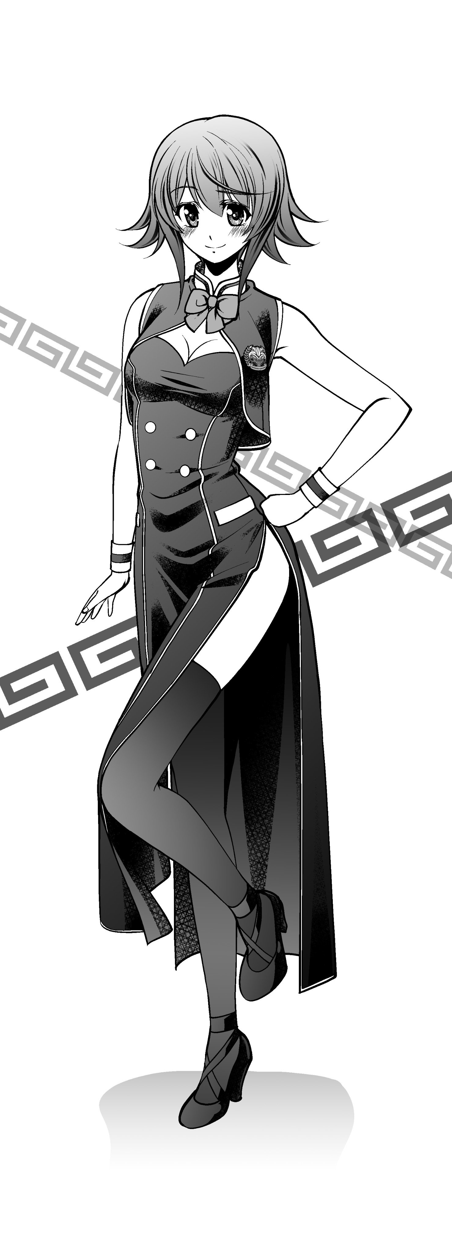 eibon, onoe serika, chaos;child, science adventure, shiny eyes, absurdres, check clothing, clothing request, highres, 1girl, black thighhighs, bow, bowtie, breasts, china dress, chinese clothes, cleavage, dress, full body, greyscale, hekiho academy school uniform, high heels, looking at viewer, mary janes, medium breasts, monochrome, school emblem, school uniform, shoes, short hair, short hair with long locks, side slit, simple background, sleeveless, sleeveless jacket, smile, solo, standing, thighhighs, wrist cuffs