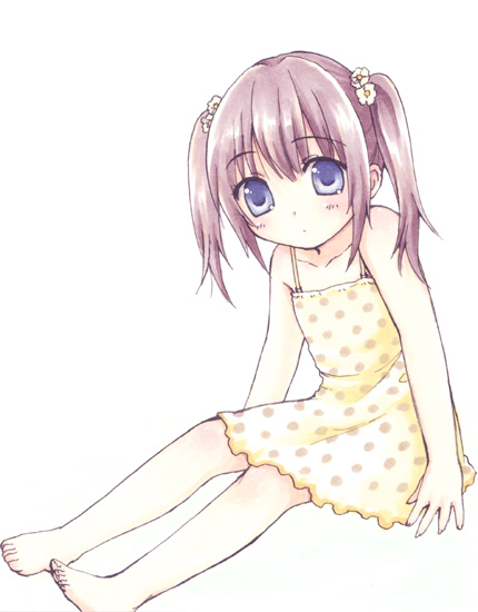 usashiro mani, 1girl, barefoot, blue eyes, child, dress, feet, female focus, purple eyes, simple background, solo, sundress, twintails, white background