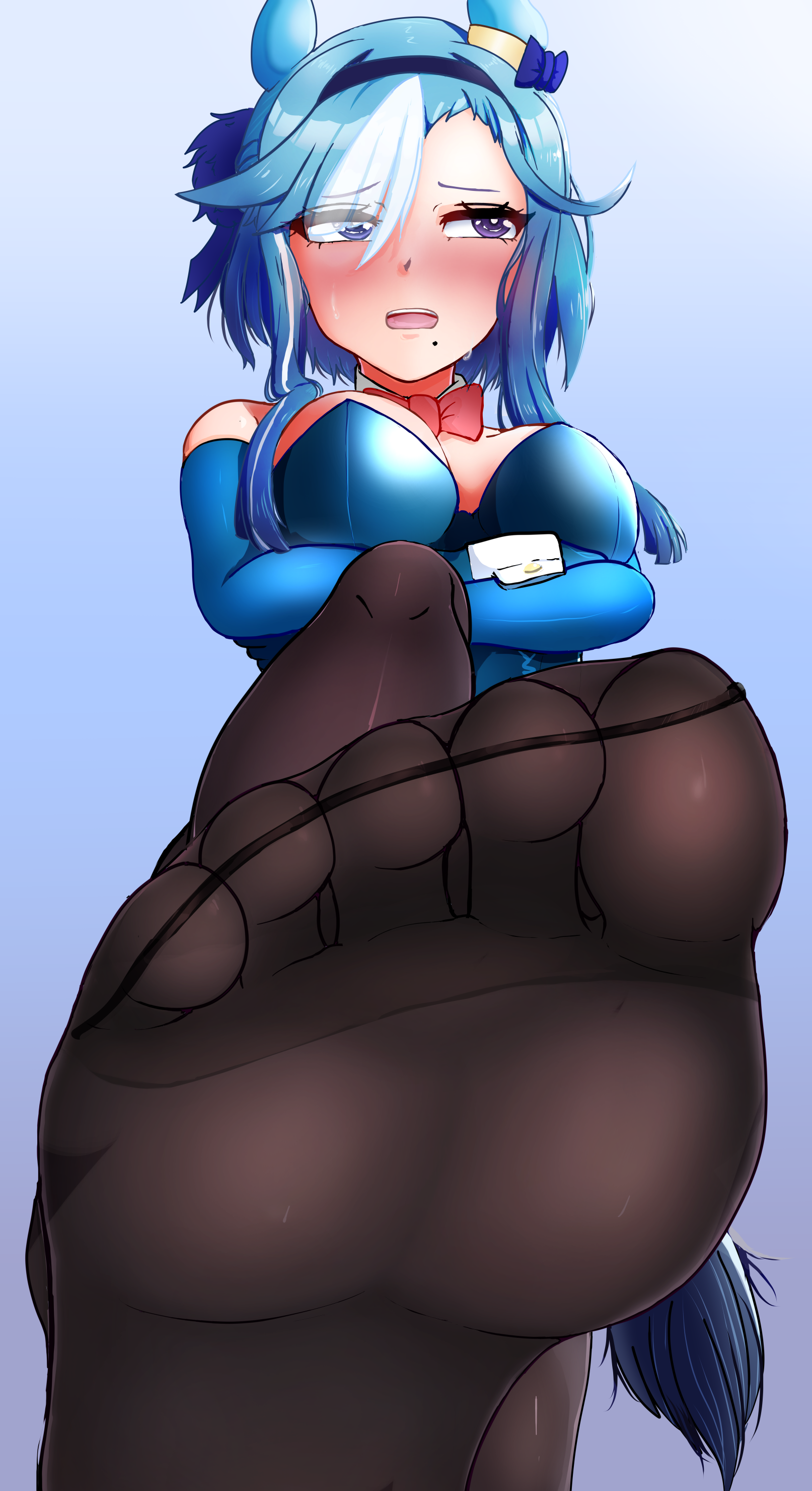 jyu1206, admire groove (umamusume), umamusume, absurdres, highres, 1girl, animal ears, blue hair, blush, crossed arms, feet, horse ears, horse girl, long hair, looking to the side, mole, mole under mouth, open mouth, pantyhose, pov, purple eyes, soles, toes