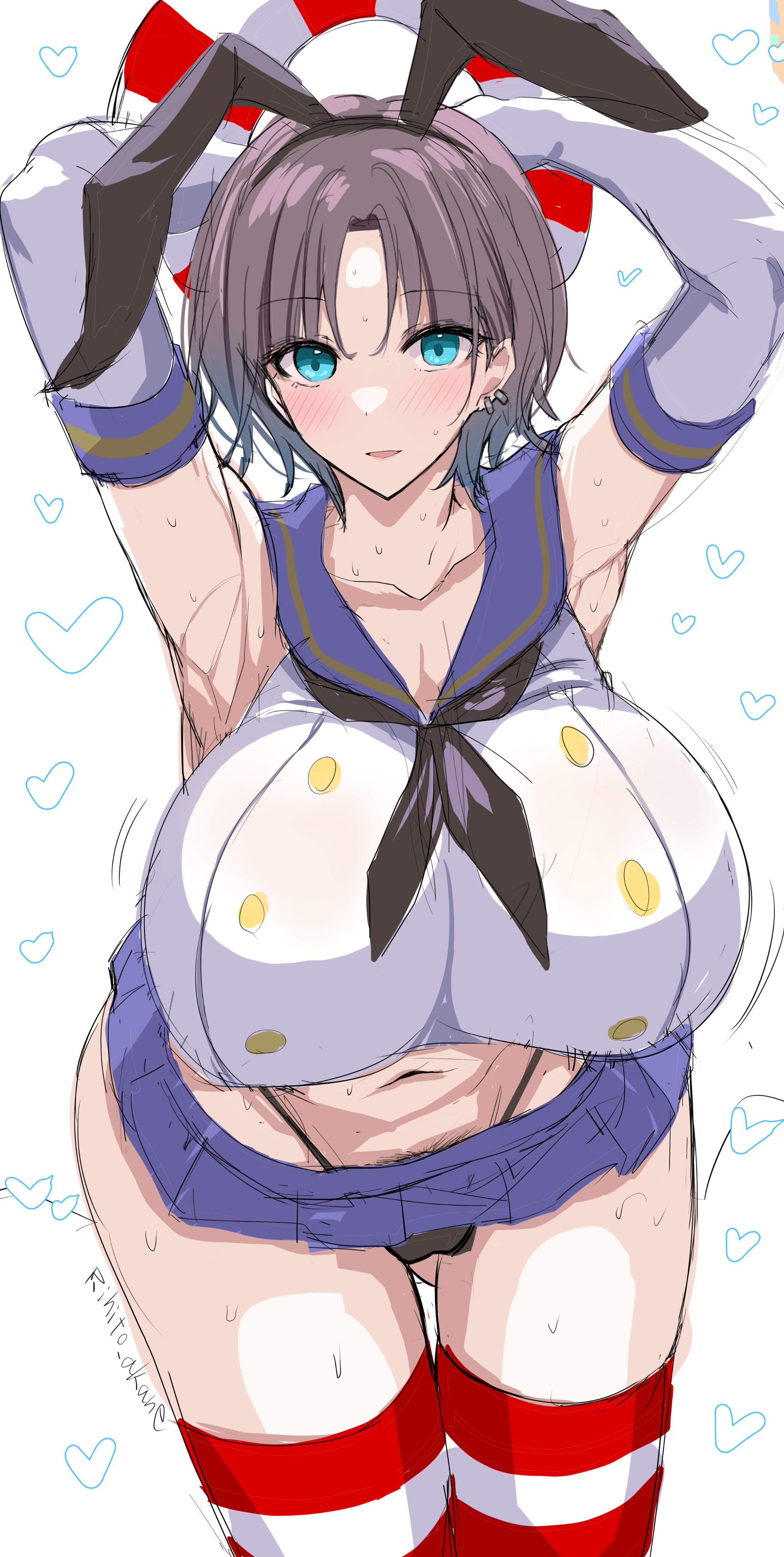 rihito akane, asakura toru, idolmaster, idolmaster shiny colors, highres, tagme, 1girl, blue eyes, blush, breasts, large breasts, lifebuoy, looking at viewer, microskirt, multicolored hair, shimakaze (kancolle) (cosplay), skirt, swim ring, thighhighs, thong, two-tone hair