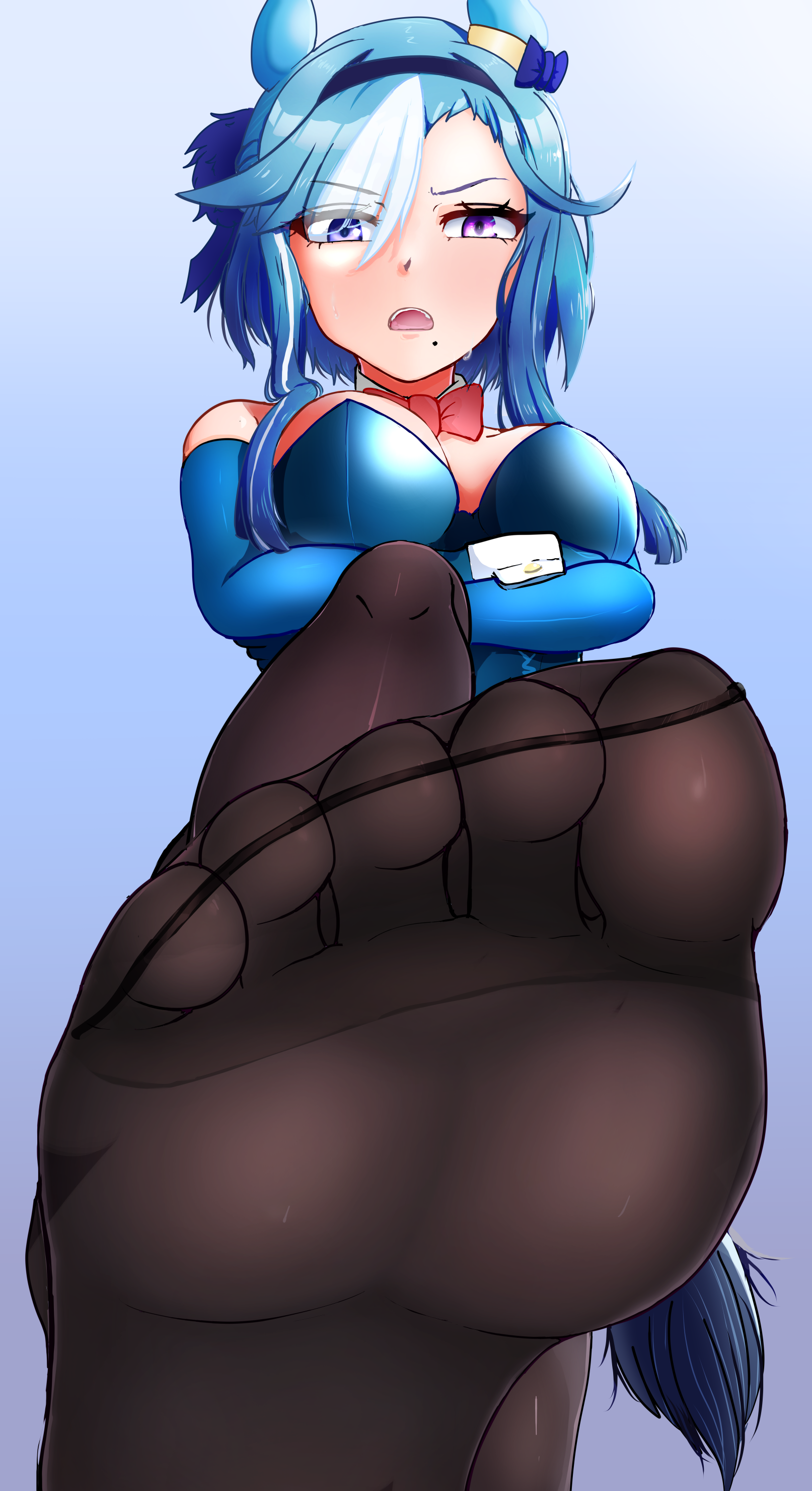 jyu1206, admire groove (umamusume), umamusume, absurdres, highres, 1girl, animal ears, blue hair, crossed arms, feet, horse ears, horse girl, long hair, looking at viewer, mole, mole under mouth, open mouth, pantyhose, pov, purple eyes, soles, toes