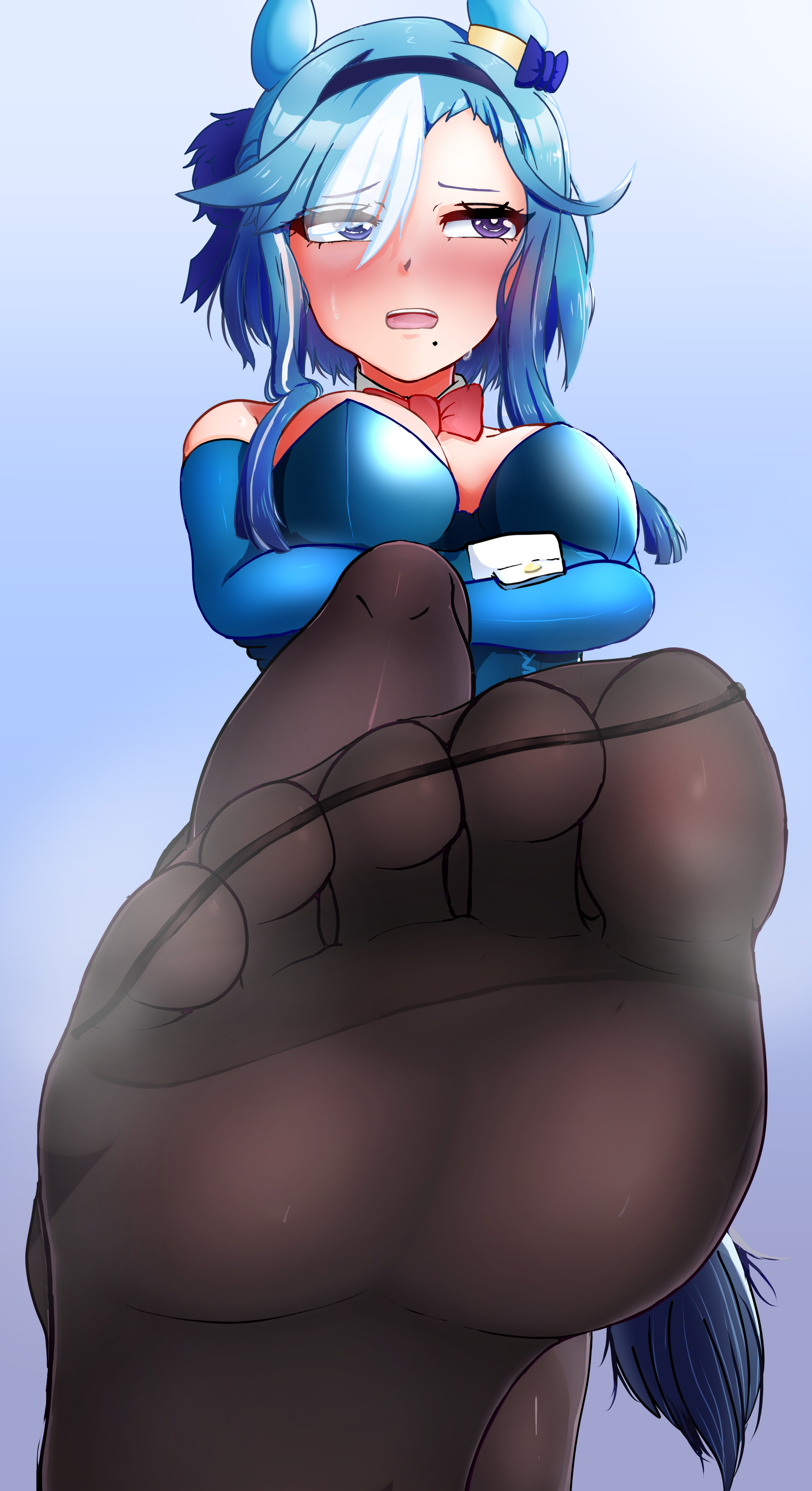 jyu1206, admire groove (umamusume), umamusume, absurdres, highres, 1girl, animal ears, blue hair, blush, crossed arms, feet, horse ears, horse girl, long hair, looking to the side, mole, mole under mouth, open mouth, pantyhose, pov, purple eyes, soles, steam, toes