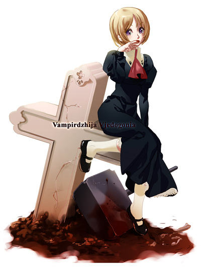 miyata souji, original, 1girl, blonde hair, blood, cross, female focus, guro, hammer, latin cross, purple eyes, school uniform, serafuku, short hair, solo, tombstone