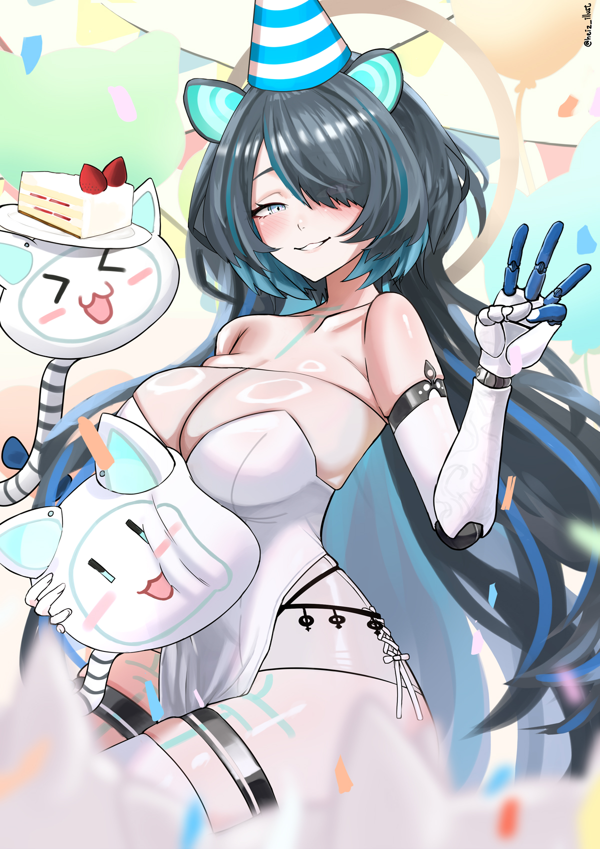 heiz illust, erina makina, phase connect, highres, 1girl, android, animal ears, bare shoulders, black hair, blue eyes, blue hair, breasts, cake, cake slice, cyborg, dress, food, hat, large breasts, latex, multicolored hair, party hat, prosthesis, prosthetic arm, skindentation, tail, tattoo, tiger ears, tiger girl, tiger tail, virtual youtuber