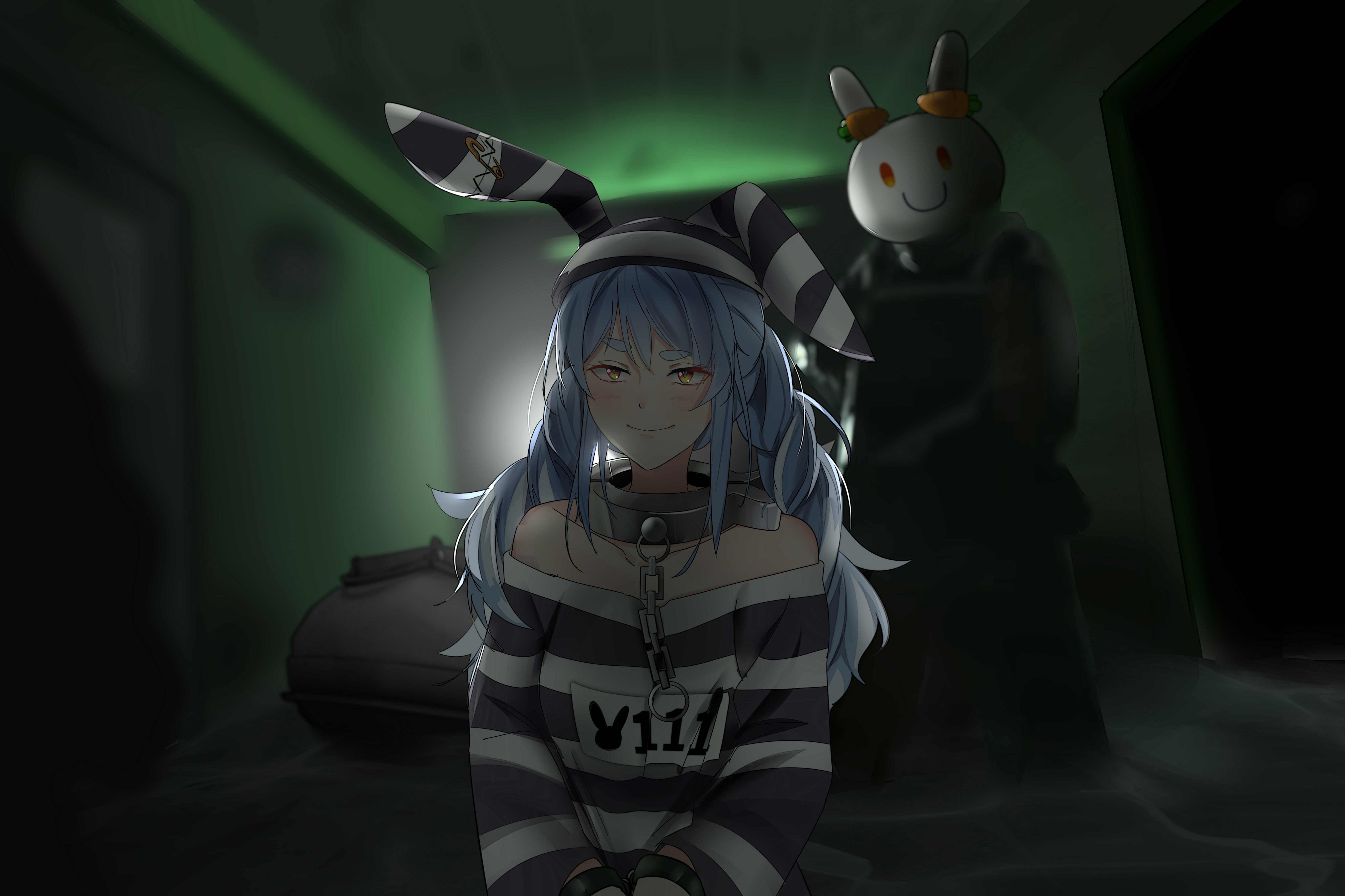 ayou (aukuamani), don-chan (usada pekora), usada pekora, usada pekora (prisoner), hololive, absurdres, commentary, commission, english commentary, highres, pixiv commission, 1girl, 2others, animal ears, backlighting, bare shoulders, blurry, blurry foreground, blush, braid, breasts, bulletproof vest, carrot, carrot hair ornament, chain, clothes writing, collar, collarbone, cuffs, day, door, false smile, fog, food-themed hair ornament, hair ornament, handcuffs, hands out of frame, hikimayu, indoors, jacket, kneeling, metal collar, military, multicolored hair, multiple others, official alternate costume, orange eyes, pants, prison clothes, prisoner, rabbit-shaped pupils, rabbit ears, rabbit girl, safety pin, shirt, short eyebrows, sidelocks, small breasts, smile, standing, striped clothes, striped headwear, striped shirt, sunlight, symbol-shaped pupils, thick eyebrows, twin braids, two-tone hair, virtual youtuber, white hair