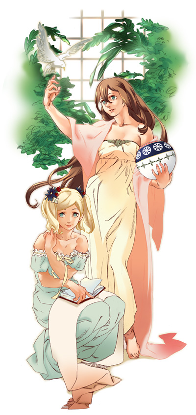 miyata souji, original, 2girls, animal, aqua eyes, art nouveau, bare shoulders, bird, blonde hair, blue eyes, book, brown hair, dress, feet, flower, hair flower, hair ornament, hair up, long hair, multiple girls, ribbon, shawl, short twintails, smile, squatting, tree, twintails, window