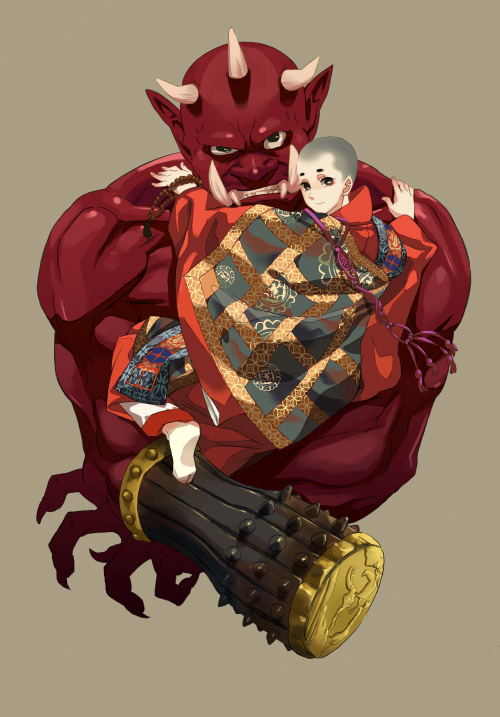 miyata souji, original, 2boys, beads, colored skin, male focus, monk, multiple boys, oni, prayer beads, red oni, red skin, simple background