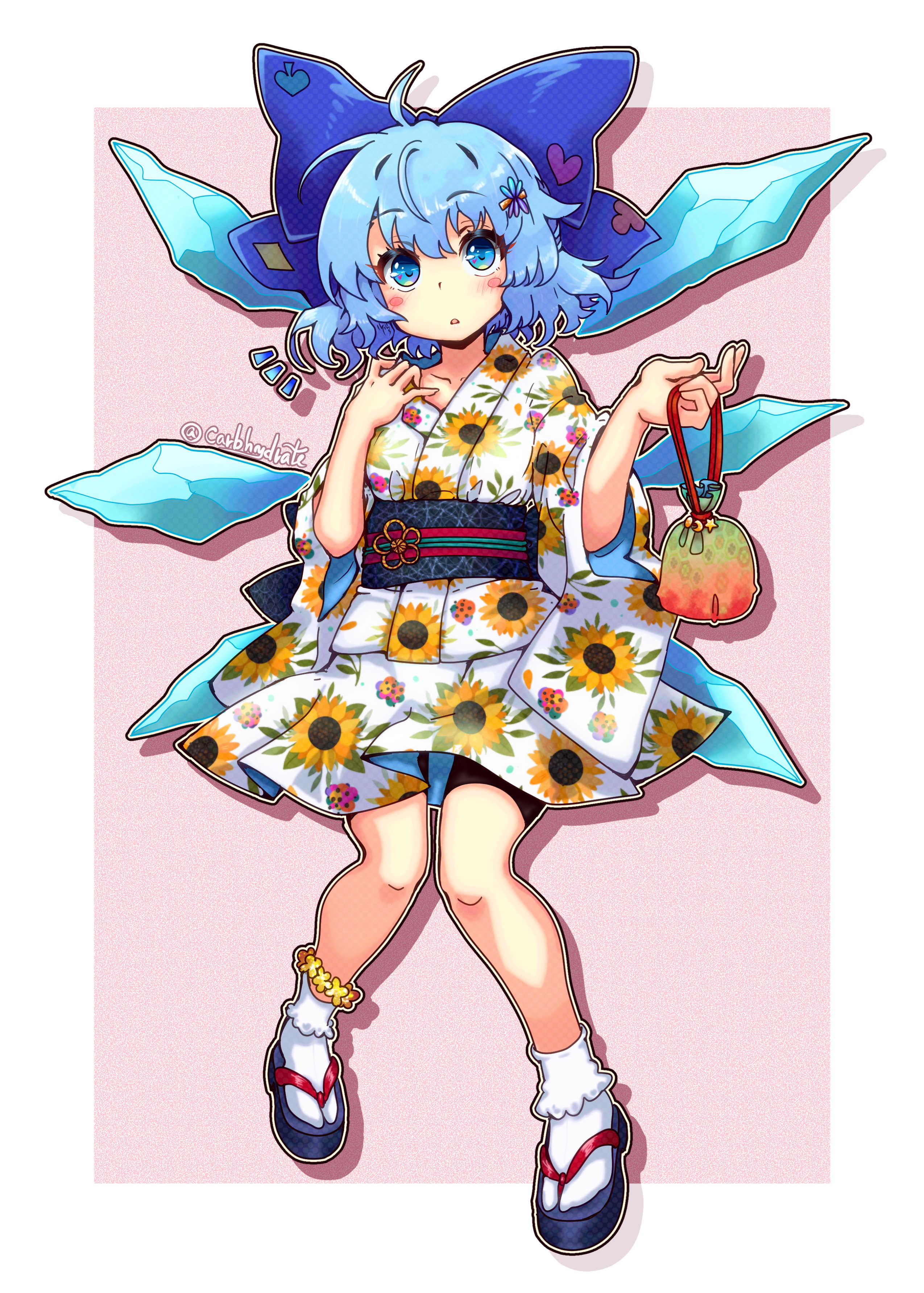 carbohydrate (asta4282), cirno, touhou, touhou cannonball, absurdres, commentary request, highres, 1girl, ahoge, artist name, bag, black sandals, black sash, black shorts, blue bow, blue eyes, blue hair, blue wings, blush, border, bow, collarbone, detached wings, drop shadow, floral print, full body, hair bow, hair ornament, hairclip, hands up, holding, holding bag, ice, ice wings, japanese clothes, kimono, knees, light frown, looking up, medium hair, notice lines, obi, parted lips, pink background, sandals, sash, shorts, solo, sunflower print, white border, wings, yukata