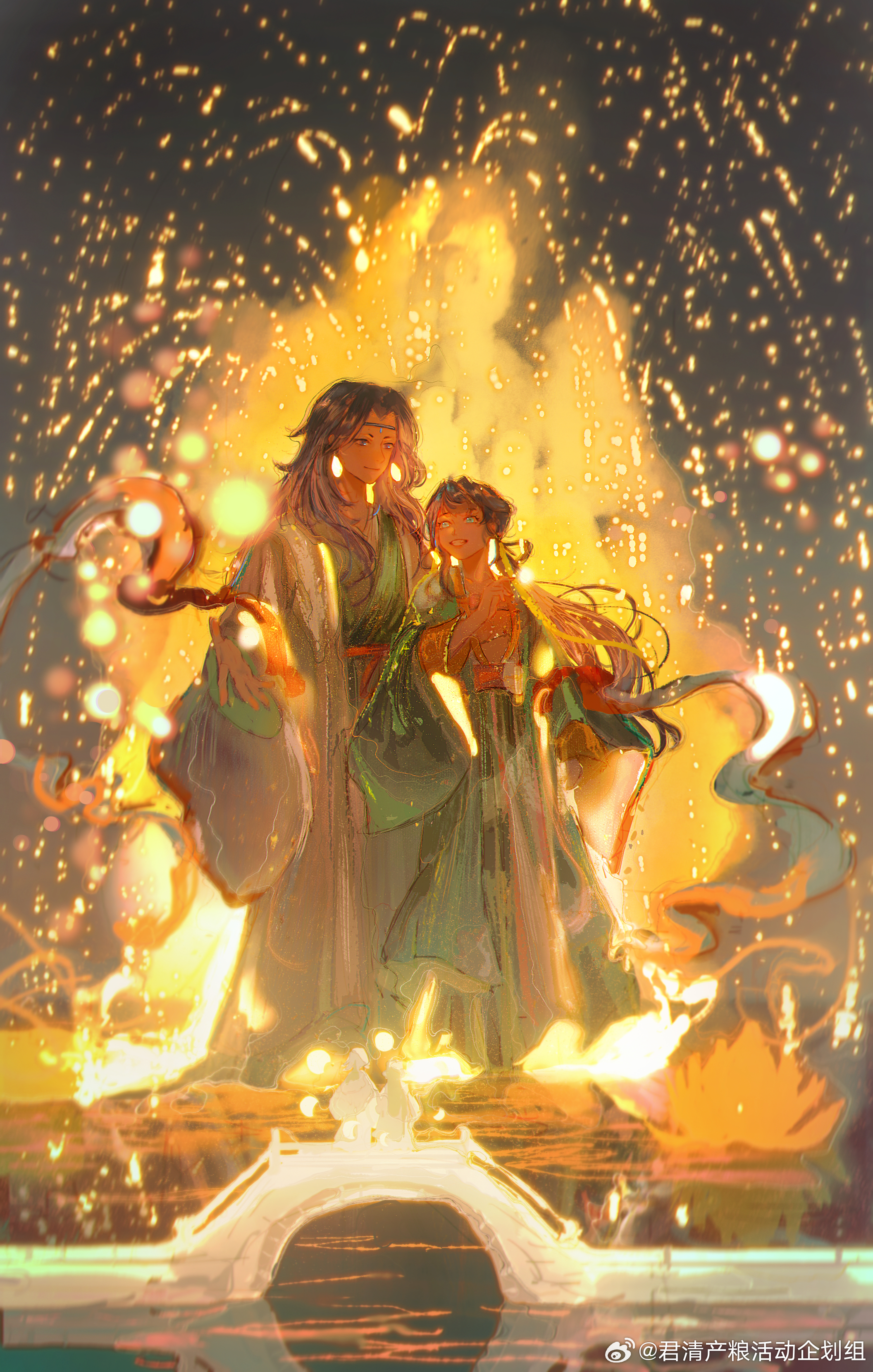 laojun (the legend of luoxiaohei), li qingning (the legend of luoxiaohei), lanxi zhen, luo xiaohei zhanji, absurdres, highres, 1boy, 1girl, black hair, bridge, chinese clothes, earrings, flower, glowing, jewelry, long hair, long sleeves, parted lips, reflection, smile, water lily flower, weibo 7949818904, wide sleeves