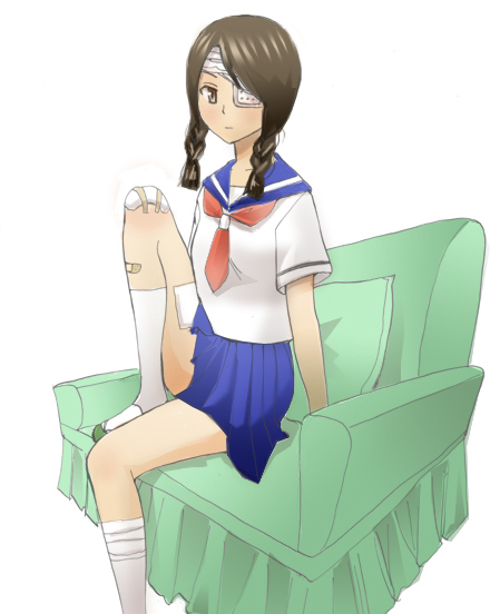 yuutarou, kobushi abiru, sayonara zetsubou sensei, 00s, bandages, braid, eyepatch, school uniform, serafuku, twin braids