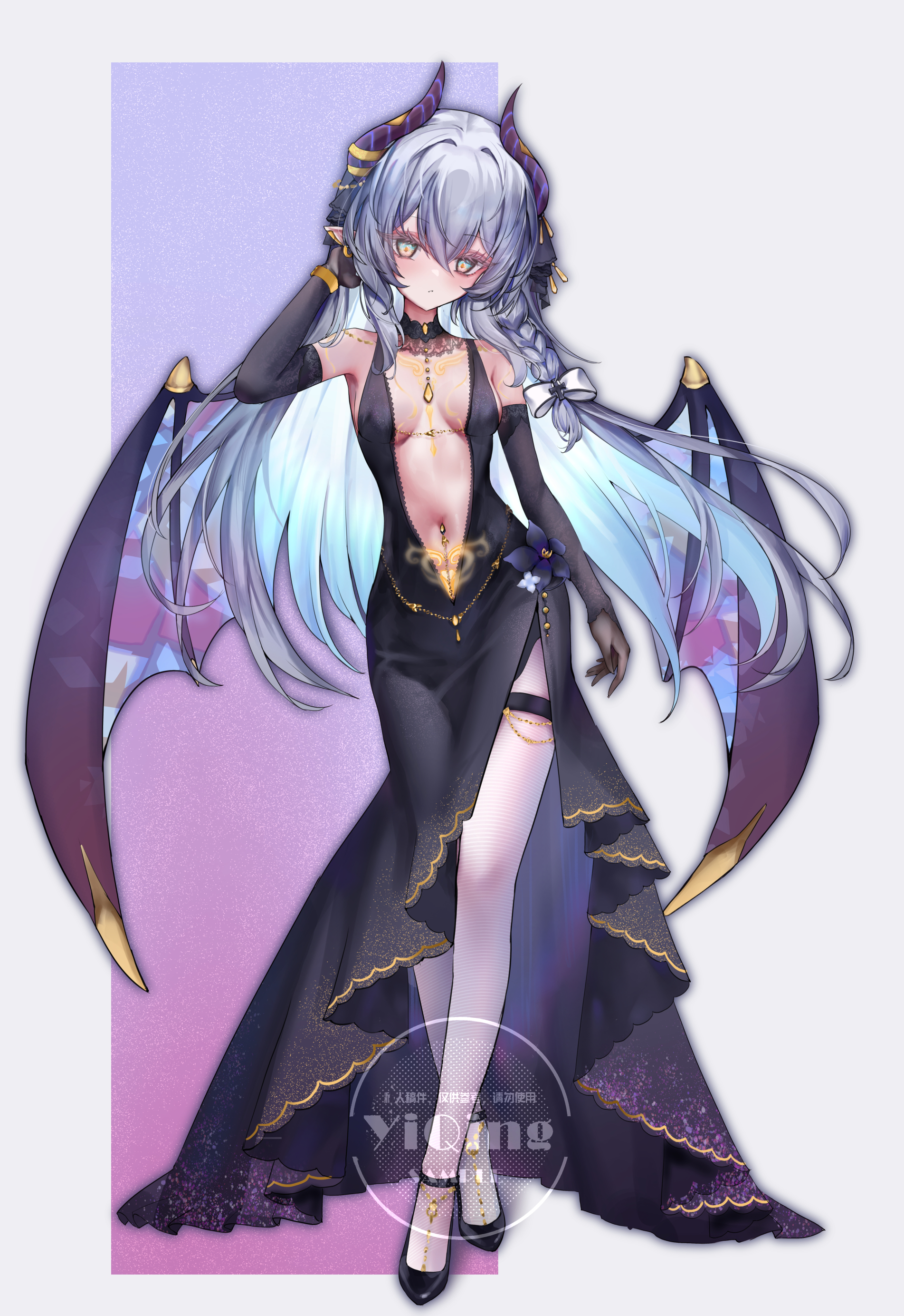 yinber, original, absurdres, highres, 1girl, black dress, black gloves, breasts, cleavage, demon girl, demon horns, demon wings, dress, elbow gloves, full body, gloves, grey hair, horns, long dress, long hair, looking at viewer, navel, pantyhose, plunging neckline, pointy ears, pubic tattoo, sleeveless, sleeveless dress, small breasts, standing, tattoo, thigh strap, white pantyhose, wings