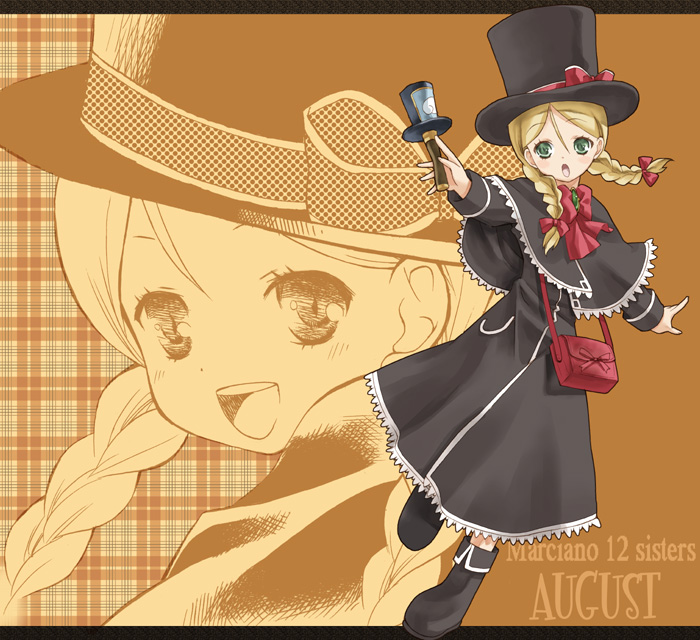 takano natsuki, august (coyote ragtime show), coyote ragtime show, 00s, 1girl, :d, bag, black dress, blonde hair, blue eyes, bow, bowtie, braid, capelet, dress, female focus, full body, handbag, hat, long sleeves, looking at viewer, open mouth, over shoulder, red bow, red bowtie, short hair, smile, solo, top hat, twin braids