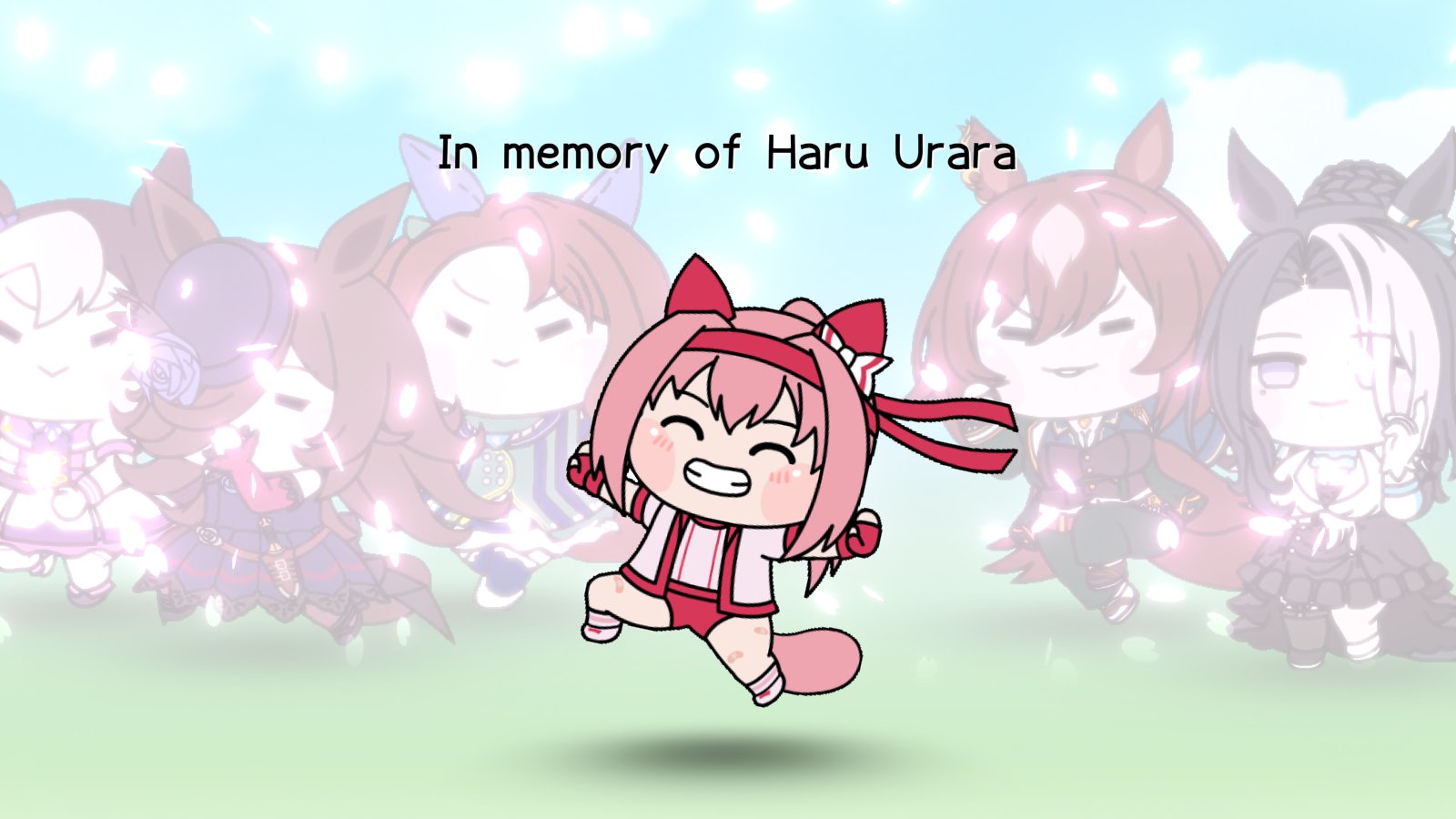 haru urara (umamusume), king halo (umamusume), mejiro ramonu (umamusume), rice shower (umamusume), sirius symboli (umamusume), special week (umamusume), umamusume, highres, 6+girls, animal ears, black hair, blue flower, blue rose, bow, braid, braided bun, brown hair, ear bow, ear covers, ear ornament, english text, flipped hair, flower, gloves, green jacket, green pants, hair bun, hair over one eye, hat, hat flower, horse ears, horse girl, horse tail, jacket, long hair, mole, mole under eye, mot (mad odd tea), multicolored hair, multiple girls, open mouth, pants, purple eyes, purple shirt, rose, shirt, short hair, skirt, smile, streaked hair, striped hair, tail, tilted headwear, two-tone hair, white hair