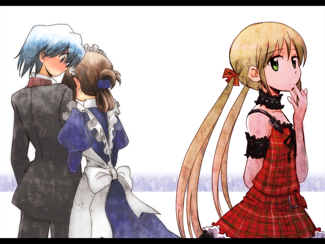 yurihi koi, ayasaki hayate, battler, maria (hayate no gotoku!), sanzen'in nagi, hayate no gotoku!, arm grab, looking away, plaid, 00s, 1boy, 2girls, apron, arm behind back, belt, blue eyes, blue hair, blush, bow, brown hair, camisole, choker, folded ponytail, green eyes, hair ornament, hair ribbon, hairclip, letterboxed, long hair, maid, maid apron, maid headdress, multiple girls, profile, puffy sleeves, ribbon, short hair, skirt, skirt set, surprised, twintails, very long hair