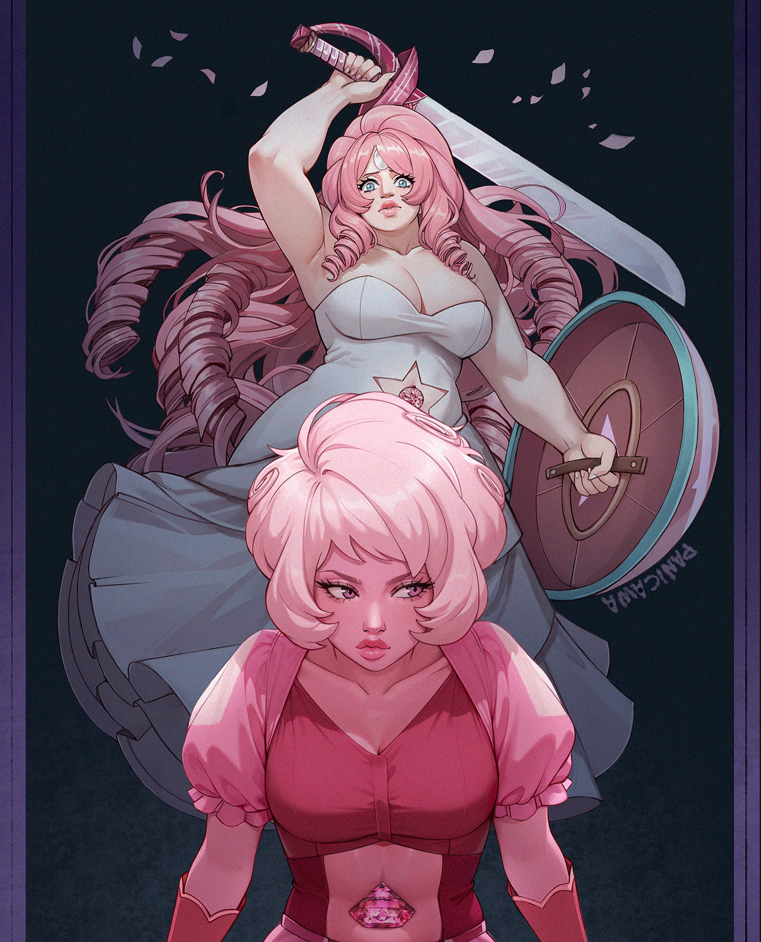 adelheid (moschiola), pearl (steven universe), pink diamond (steven universe), rose quartz universe, steven universe, highres, 2girls, arm up, artist name, bare shoulders, black background, blue eyes, breasts, cleavage, clothing cutout, dress, drill hair, forehead jewel, gloves, holding, holding shield, holding sword, holding weapon, lipstick, long hair, makeup, multiple girls, navel cutout, petals, pink eyes, pink hair, plump, puffy short sleeves, puffy sleeves, red gloves, shield, short hair, short sleeves, small breasts, star cutout, sword, very long hair, weapon, white dress