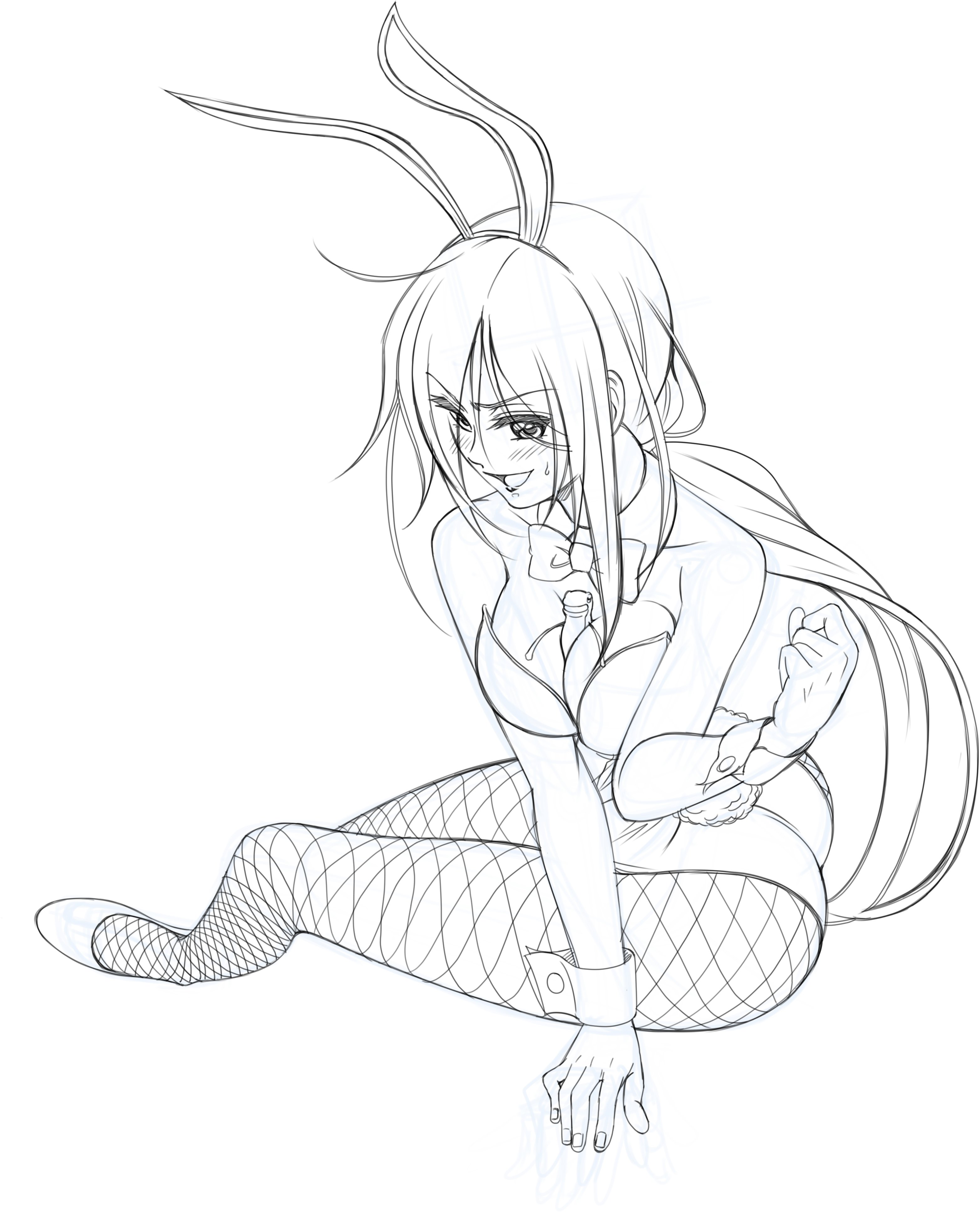 eibon, kunosato mio, chaos;child, science adventure, absurdres, highres, 1girl, ahoge, animal ears, ass, blush, bow, bowtie, breasts, detached collar, embarrassed, fake animal ears, fingernails, fishnets, from above, gero-froggy, high heels, highleg, highleg leotard, large breasts, leotard, long hair, monochrome, nervous sweating, open mouth, pantyhose, playboy bunny, ponytail, rabbit ears, rabbit tail, shoes, sitting, sketch, smirk, solo, sweat, tail, tongue