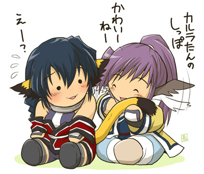 kurotani kyoukutsu, karulau, touka (utawarerumono), utawarerumono, lowres, translated, 00s, 2girls, animal ears, chibi, chibi only, collar, head wings, long hair, multiple girls, purple hair, tail, wings