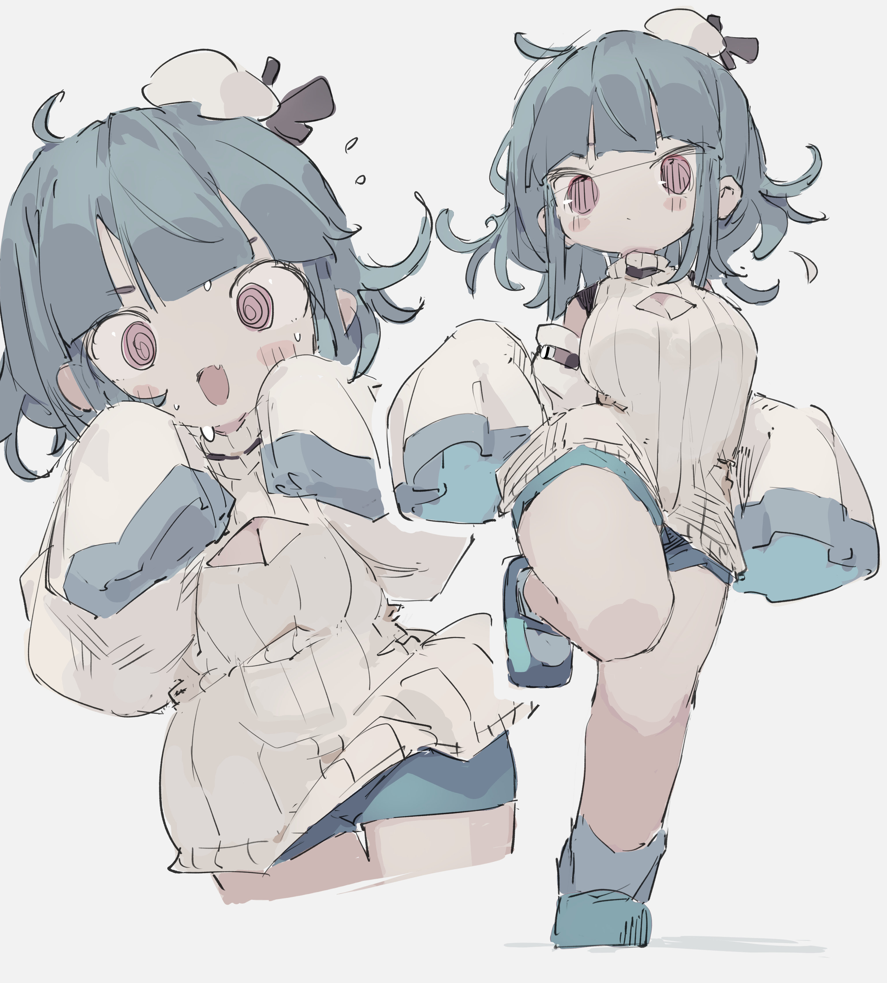 nep (nep 76), original, absurdres, highres, 1girl, blue hair, blush, cleavage cutout, clothing cutout, long sleeves, looking at viewer, multiple views, open mouth, short shorts, shorts, simple background, sleeves past fingers, sleeves past wrists, standing, standing on one leg, sweater, white background, white sweater