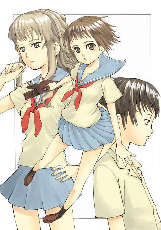 yamamoto shima, original, black legwear, light brown hair, 1boy, 2girls, :o, bag, black hair, blouse, blue skirt, border, briefcase, brown eyes, brown hair, closed mouth, collarbone, dress shirt, frown, hand on own hip, holding, holding bag, kneeling, legs apart, loafers, multiple girls, outstretched arms, pleated skirt, profile, projected inset, red ribbon, ribbon, school uniform, serafuku, shibahime kyou, shirt, shoes, short hair, short sleeves, skirt, white background, white shirt