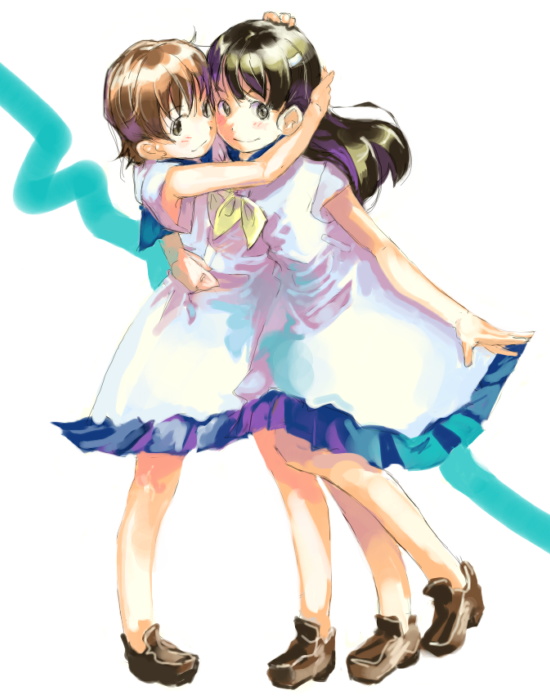 myu, original, brown footwear, light brown hair, 2girls, blush, dress, full body, hug, loafers, multiple girls, shoes, short hair, short sleeves, simple background, standing, white background, white dress, yuri