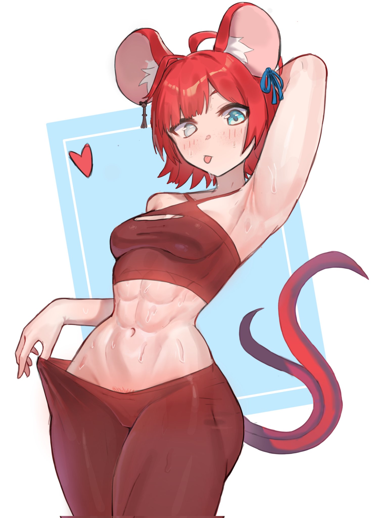 wersman, commentary, commission, copyright request, english commentary, highres, 1girl, :p, abs, animal ears, antenna hair, arm behind head, arm up, armpits, bare shoulders, blue eyes, breasts, colored pubic hair, cowboy shot, female pubic hair, grey eyes, heart, heterochromia, looking at viewer, medium breasts, mouse ears, mouse girl, mouse tail, multiple tails, navel, pants, pubic hair, pubic hair peek, red hair, red pubic hair, short hair, simple background, solo, sweat, tail, toned, toned female, tongue, tongue out, two tails, yoga pants