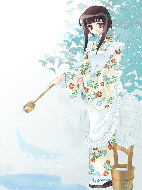 koshikawa guu, original, white legwear, 1girl, apron, blunt bangs, bow, brick wall, brown eyes, brown hair, bucket, expressionless, female focus, floral print, frilled apron, frills, full body, hair bow, hishaku, holding, japanese clothes, kimono, sandals, short hair with long locks, solo, standing, tabi, water, wooden bucket, zouri
