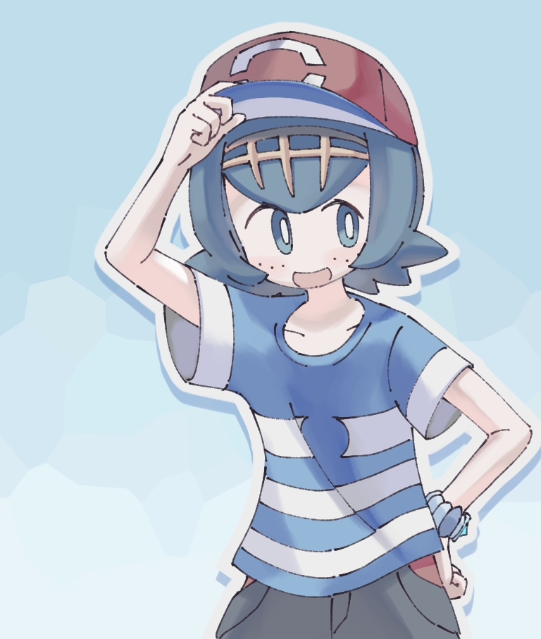 alolana0825, ash ketchum, lana (pokemon), nintendo, pokemon, pokemon (anime), pokemon sm (anime), commentary, 1girl, adjusting clothes, adjusting headwear, ash ketchum (cosplay), baseball cap, blue eyes, blue hair, blue shirt, bracelet, bright pupils, cosplay, drop shadow, freckles, hairband, hand on own hip, hat, jewelry, no sclera, open mouth, outline, red hat, shirt, short hair, short sleeves, smile, solo, striped clothes, striped shirt, t-shirt, white outline, white pupils, yellow hairband