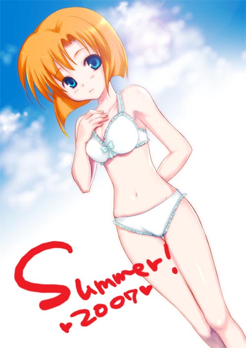 umiichi kurage, ryuuguu rena, higurashi no naku koro ni, 00s, 1girl, 2007, bikini, blue eyes, blue sky, breasts, cloud, dated, day, dutch angle, english text, female focus, heart, medium breasts, navel, orange hair, short hair, sky, solo, swimsuit, white bikini