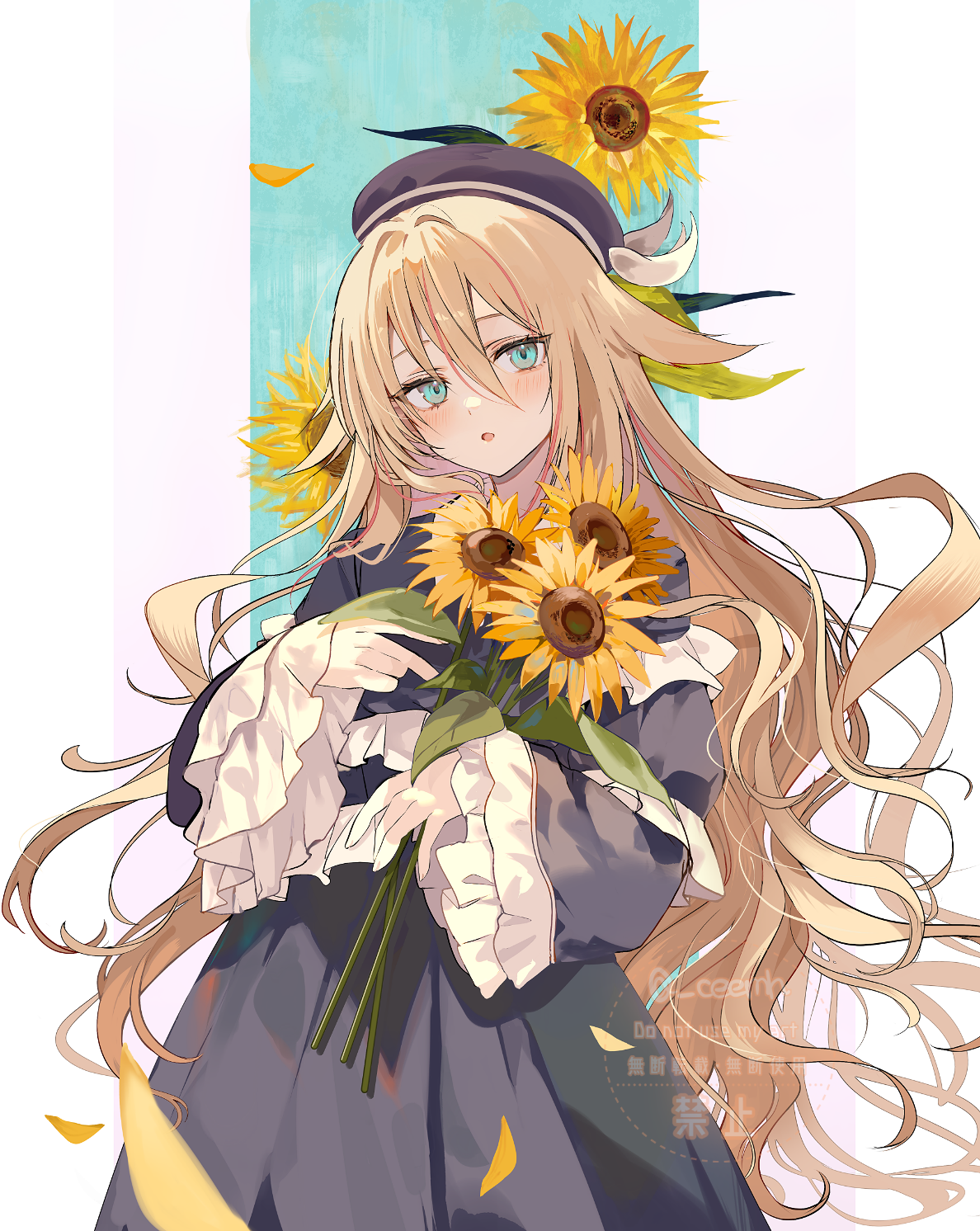 chiemo (xcem), vrchat, highres, 1girl, anima (vrchat), beret, blonde hair, blue dress, blue eyes, blush, dress, flower, hat, holding, long hair, long sleeves, looking at viewer, open mouth, simple background, solo, sunflower, very long hair