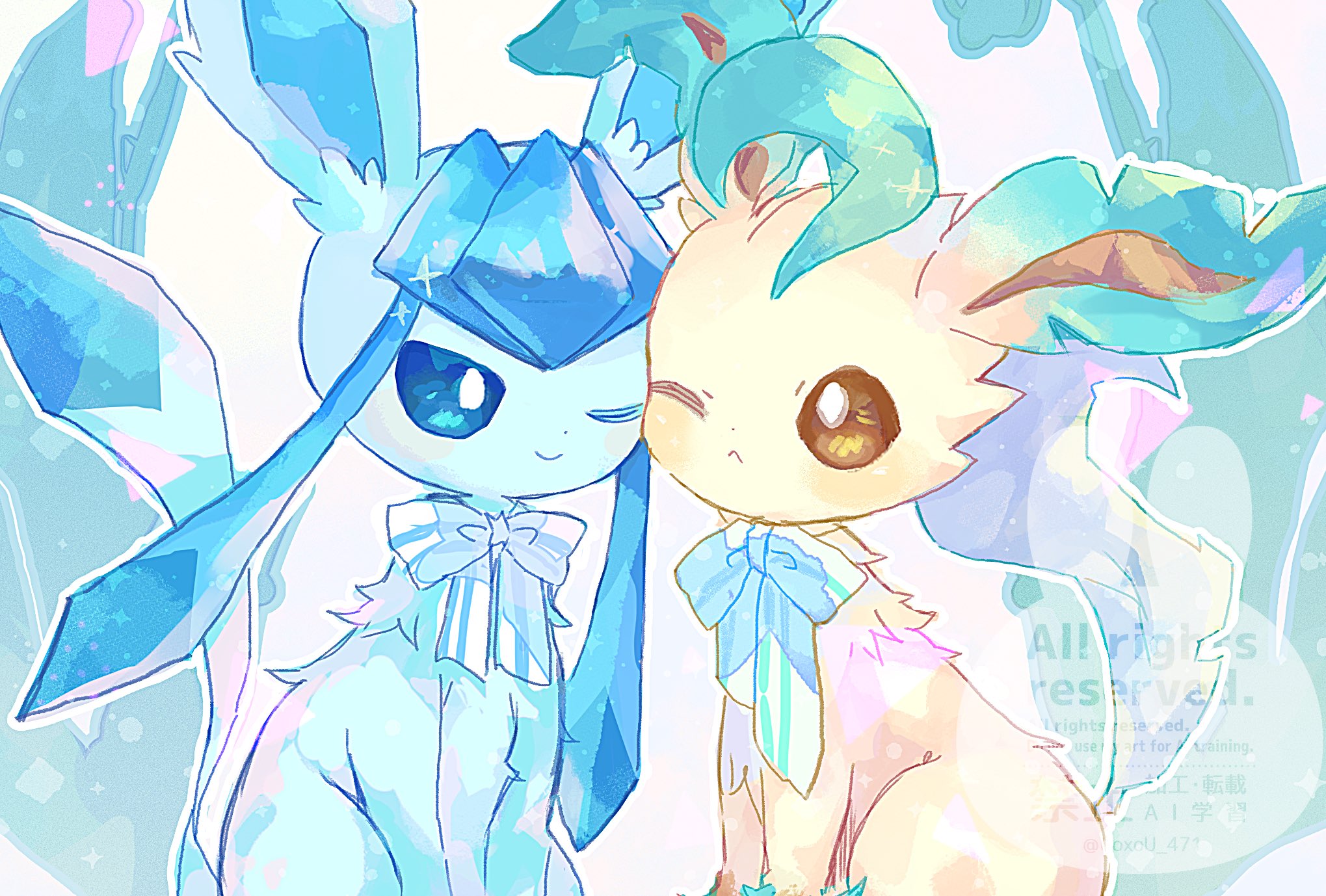 uoxou 471, glaceon, leafeon, nintendo, pokemon, commentary, highres, symbol-only commentary, animal focus, blue eyes, blush, bow, bowtie, brown eyes, closed mouth, frown, gen 4 pokemon, no humans, one eye closed, pokemon (creature), pokemon focus, sitting, smile