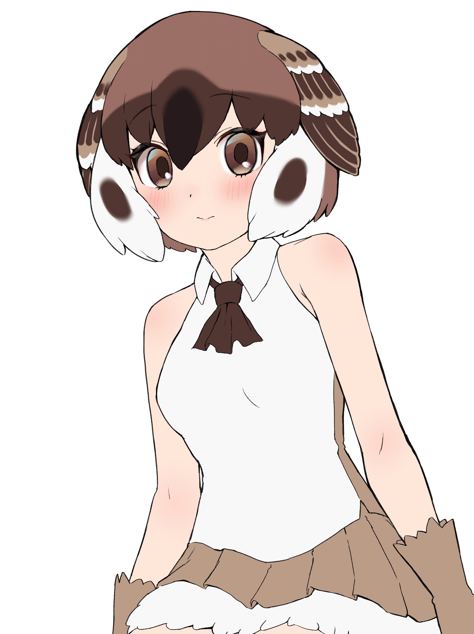 mogurii, kemono friends, highres, 1girl, bare shoulders, bird girl, bird wings, black hair, blush, brown eyes, brown gloves, brown hair, brown neckerchief, brown shirt, brown skirt, collared shirt, cowboy shot, frilled gloves, frilled skirt, frills, gloves, hair between eyes, head wings, looking at viewer, multicolored hair, neckerchief, pleated skirt, shirt, short hair, sidelocks, skirt, sleeveless, solo, tree sparrow (kemono friends), two-tone shirt, white hair, white shirt, wings