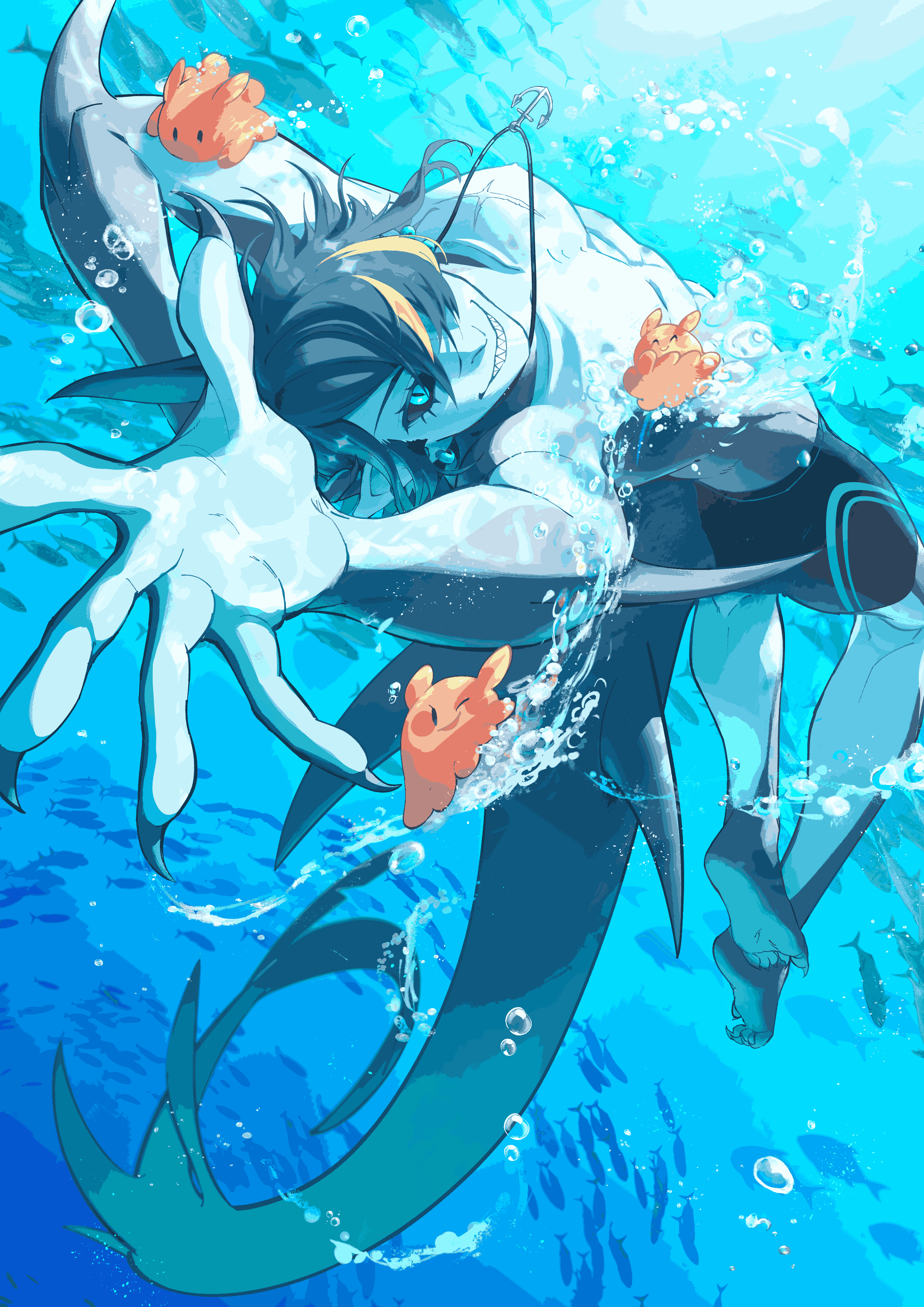 indie virtual youtuber, absurdres, highres, second-party source, 1boy, black sclera, colored sclera, ear piercing, fins, fish tail, jewelry, looking at viewer, magic necro, male focus, monster boy, necklace, no shirt, piercing, pointy ears, scar, scar on chest, shark boy, shark fin, shark tail, sharp teeth, tail, teeth, underwater
