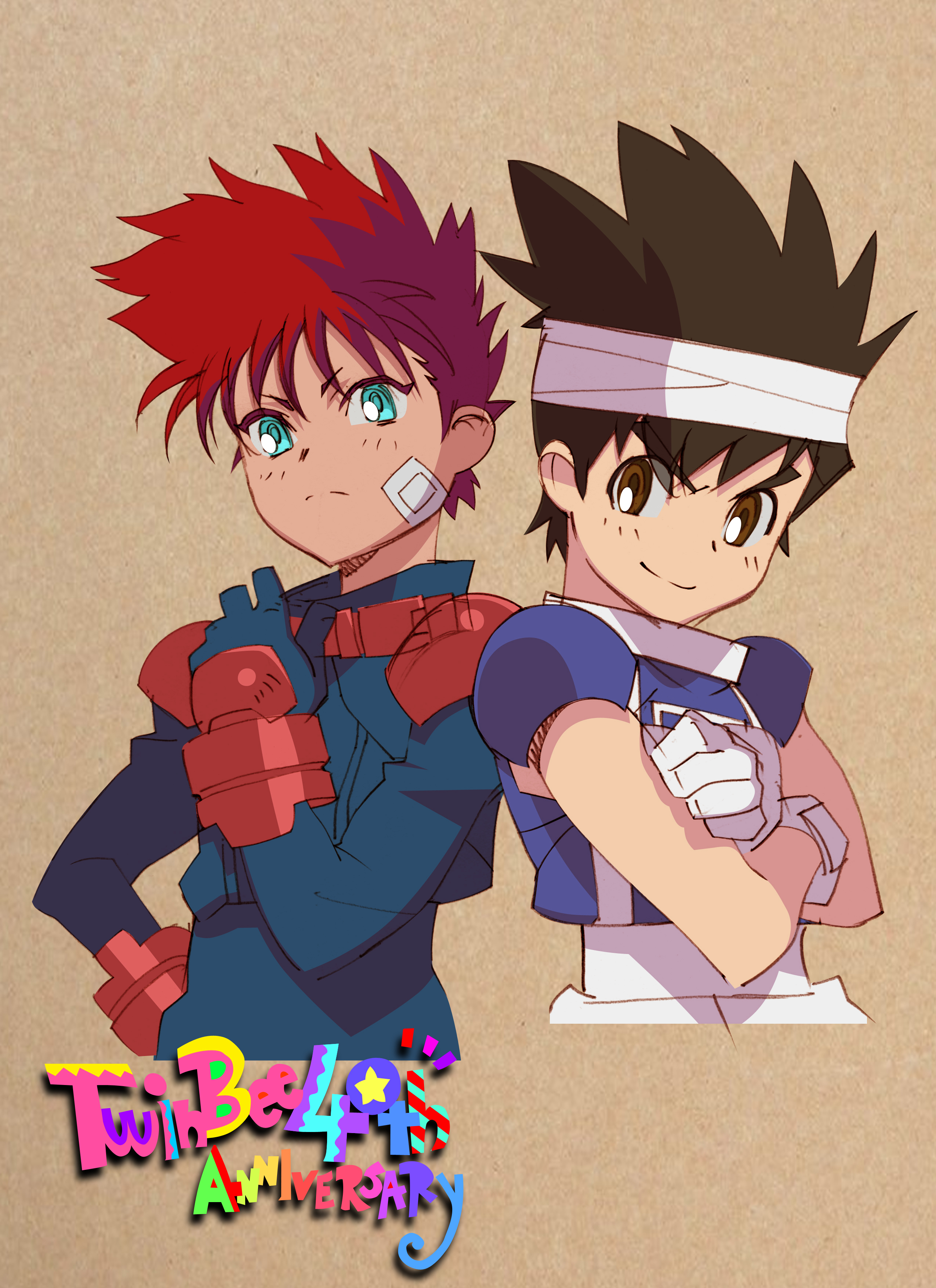 hamakawa shuujirou, light (twinbee), twinbee, absurdres, highres, 2boys, anniversary, bandage on cheek, blue eyes, blue shirt, bodysuit, brown background, brown eyes, brown hair, copyright name, gloves, headband, light frown, male focus, multiple boys, red hair, shirt, shizu (twinbee), smirk, spiked hair, upper body, white gloves, white headband